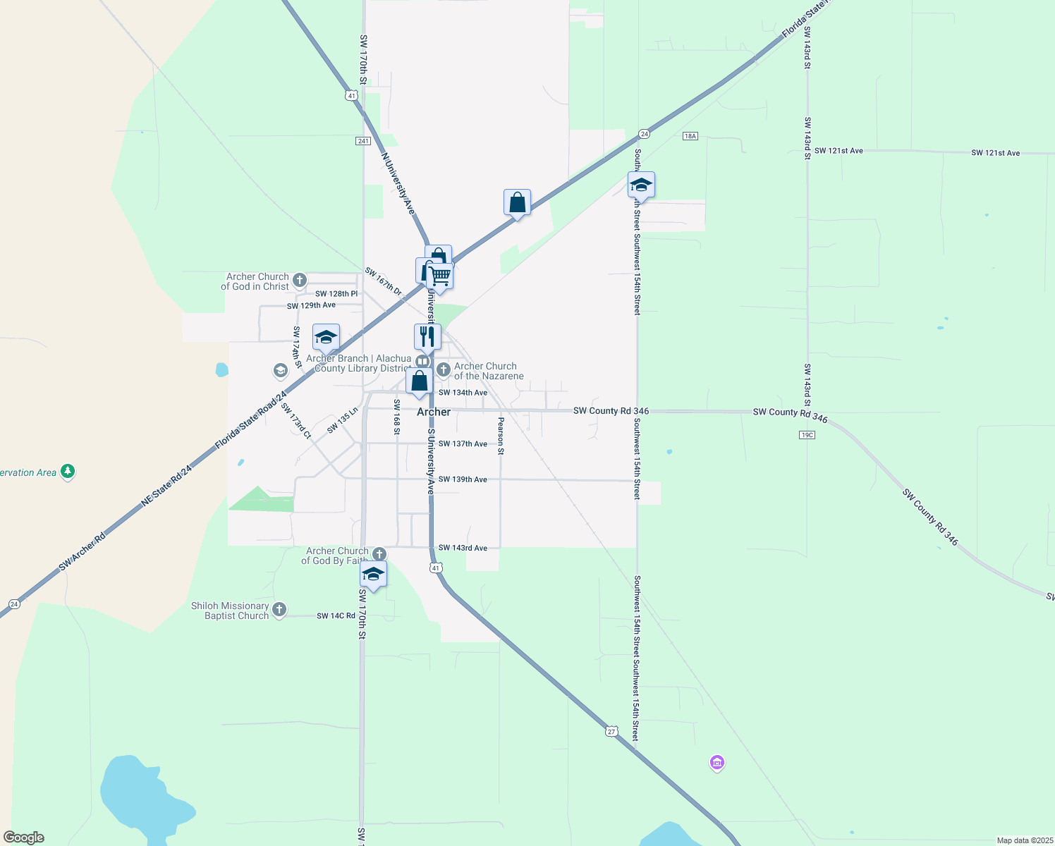 map of restaurants, bars, coffee shops, grocery stores, and more near 13520 Southwest 160th Way in Archer