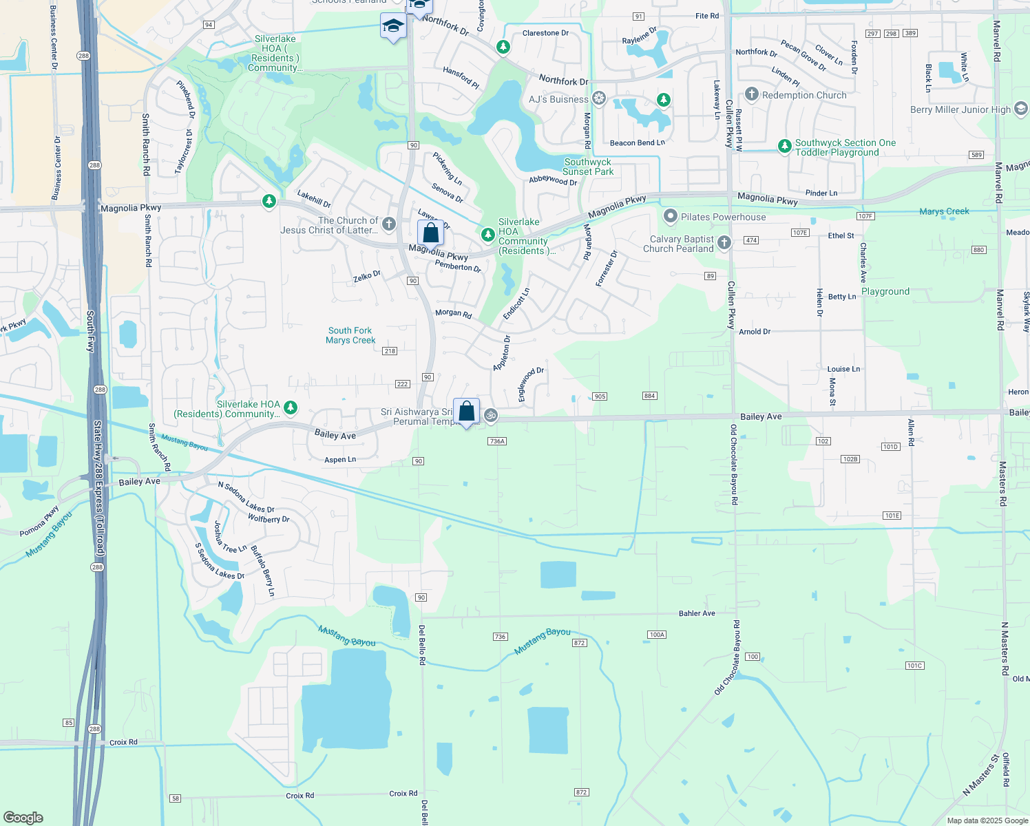 map of restaurants, bars, coffee shops, grocery stores, and more near 3806 Glenhill Dr in Pearland
