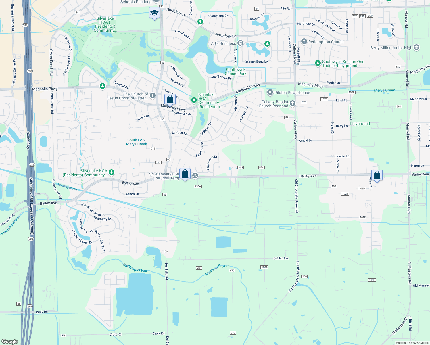 map of restaurants, bars, coffee shops, grocery stores, and more near 3619 Kennedy Dr in Pearland