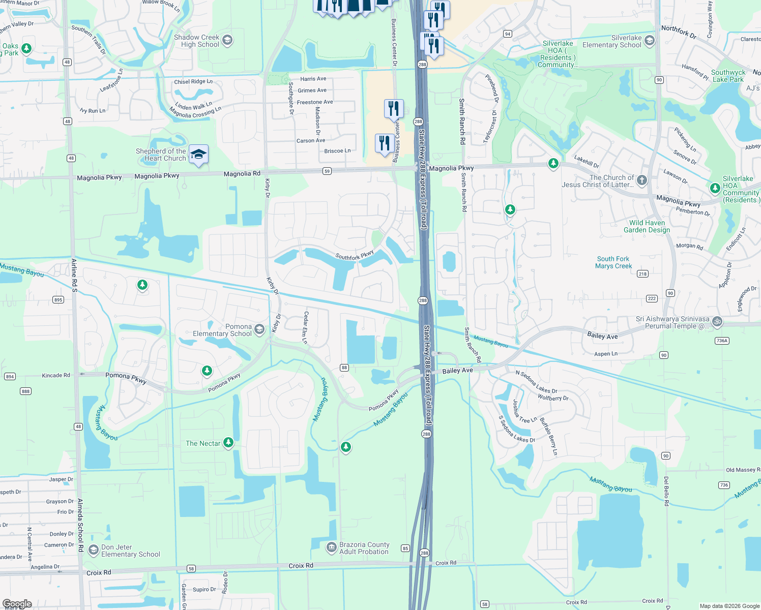 map of restaurants, bars, coffee shops, grocery stores, and more near 3110 Brahman Drive in Manvel