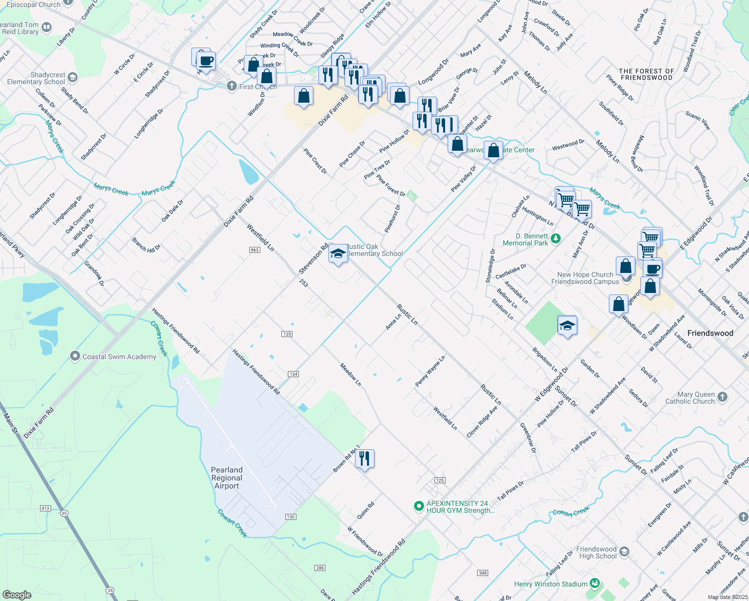 map of restaurants, bars, coffee shops, grocery stores, and more near 604 Rustic Lane in Friendswood