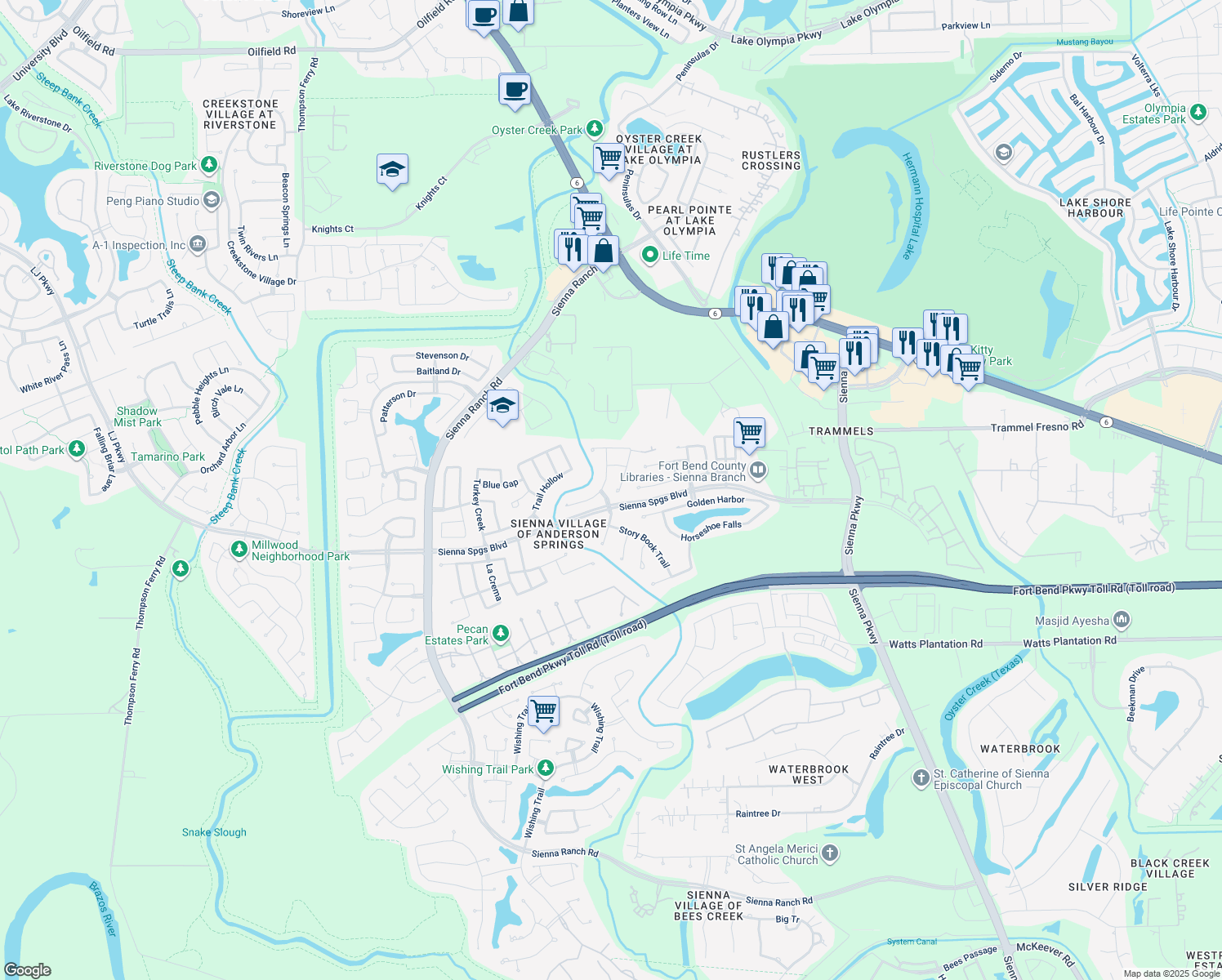 map of restaurants, bars, coffee shops, grocery stores, and more near 5907 9 Mile Lane in Missouri City