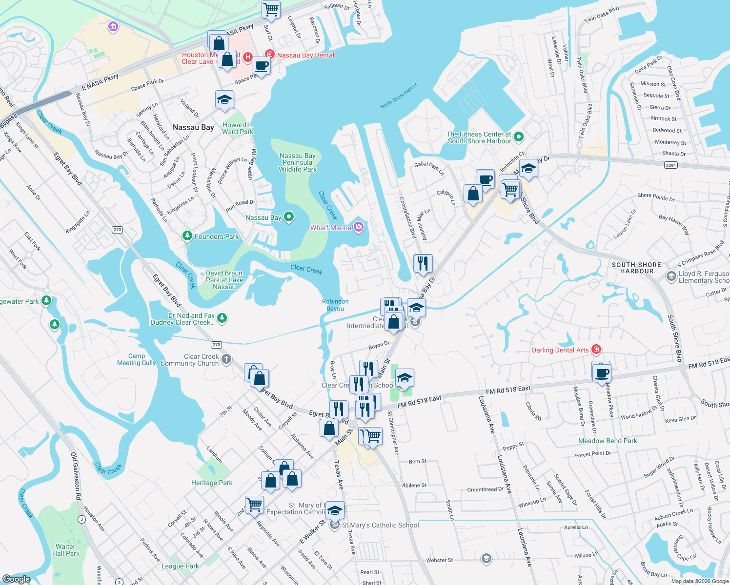 map of restaurants, bars, coffee shops, grocery stores, and more near 2329 South Lake Drive in League City