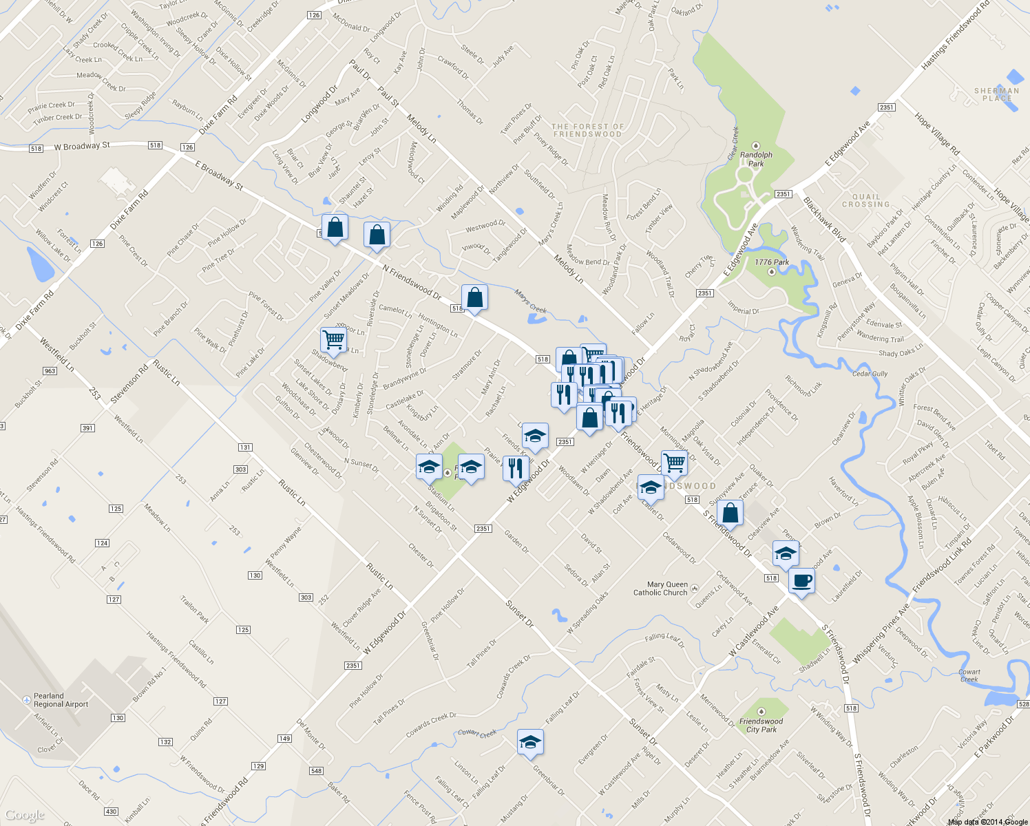 map of restaurants, bars, coffee shops, grocery stores, and more near 411 Live Oak Drive in Friendswood