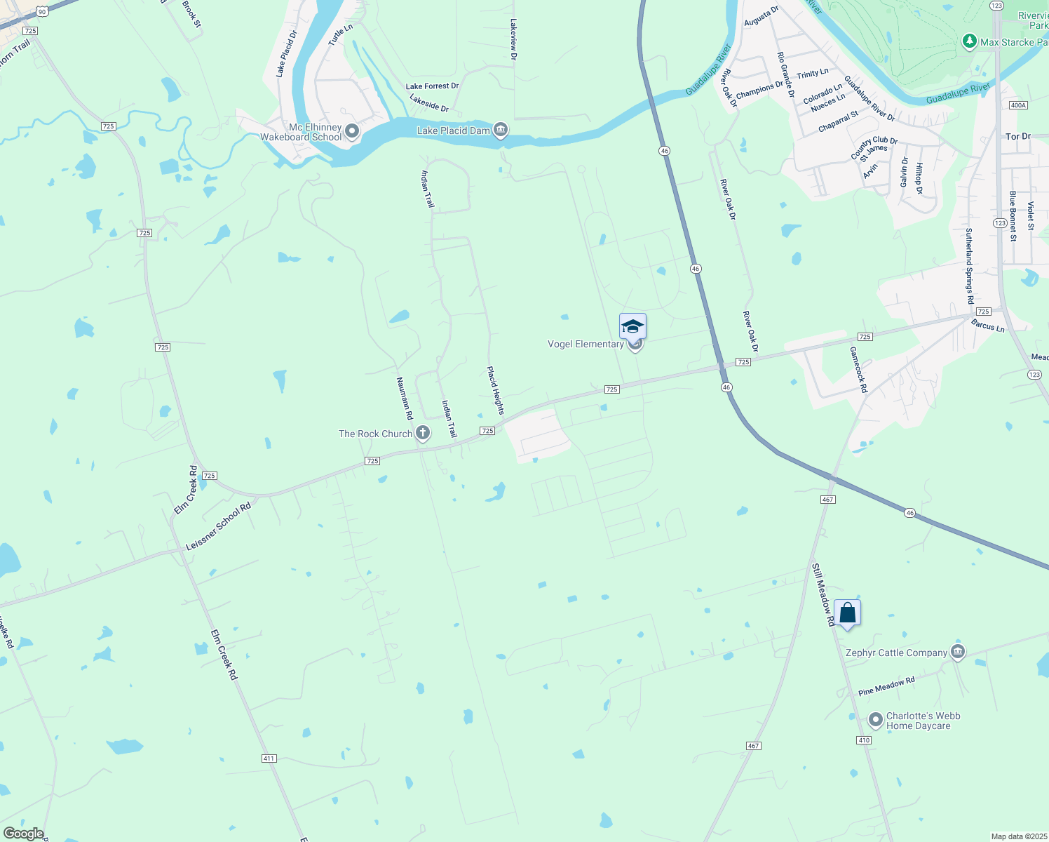 map of restaurants, bars, coffee shops, grocery stores, and more near 15532 Farm to Market Road 725 in Seguin