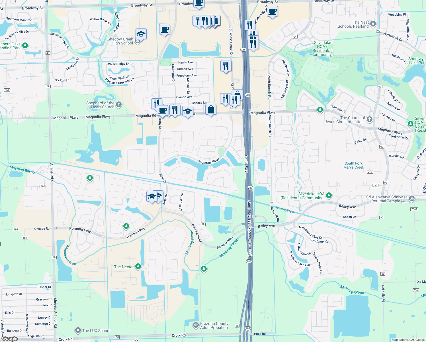 map of restaurants, bars, coffee shops, grocery stores, and more near 3011 Longhorn Cir in Manvel