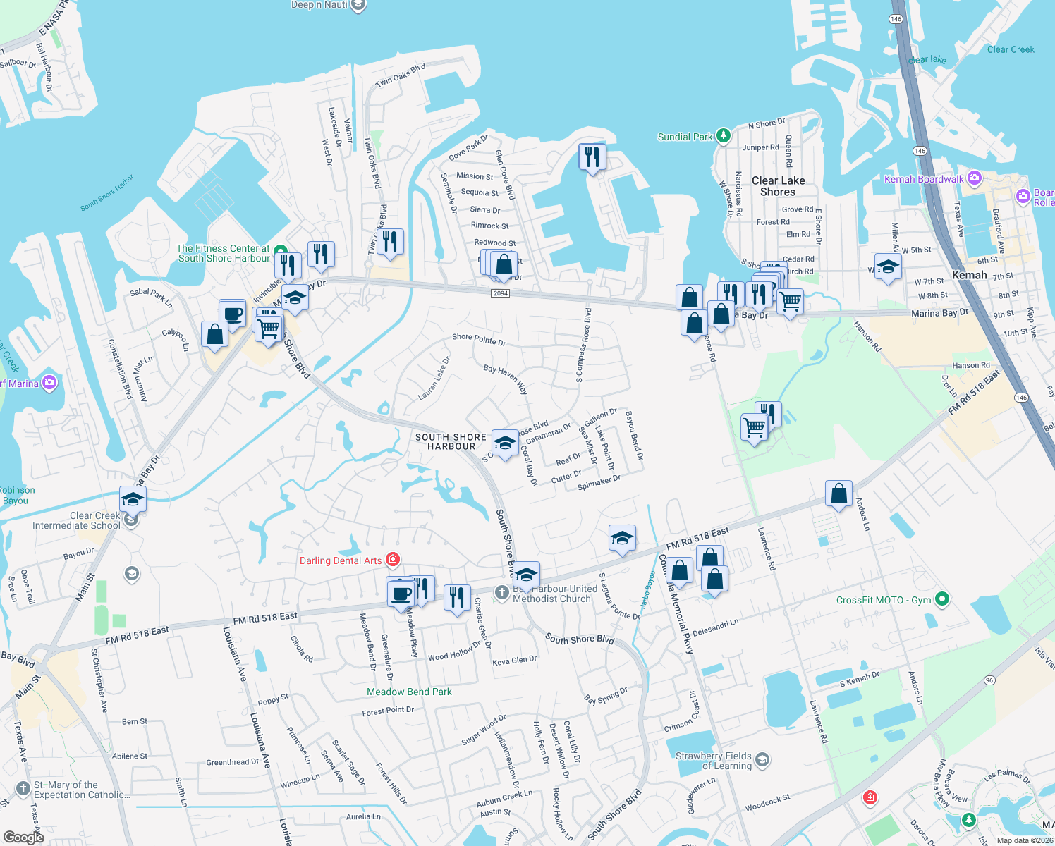 map of restaurants, bars, coffee shops, grocery stores, and more near 2009 Morning Tide Lane in League City