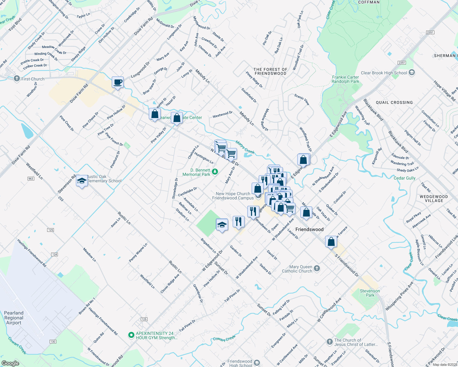 map of restaurants, bars, coffee shops, grocery stores, and more near 205 Mary Ann Dr in Friendswood