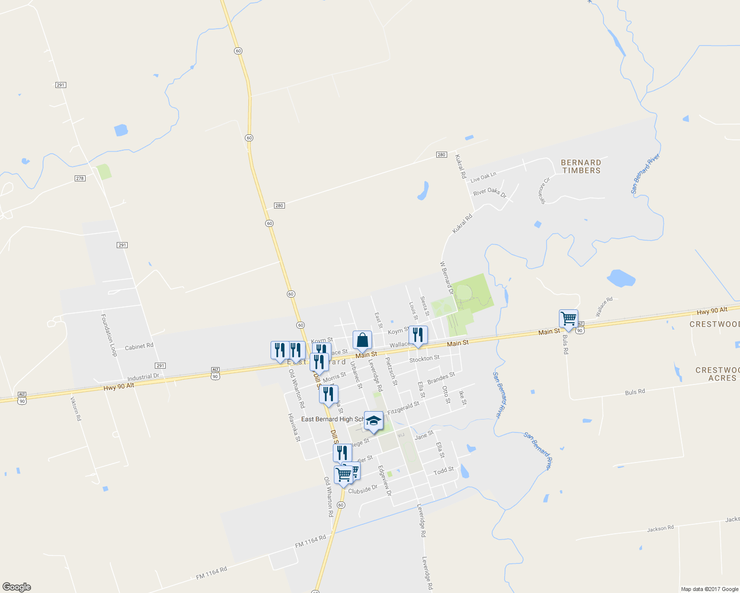 map of restaurants, bars, coffee shops, grocery stores, and more near 419 East Street in East Bernard