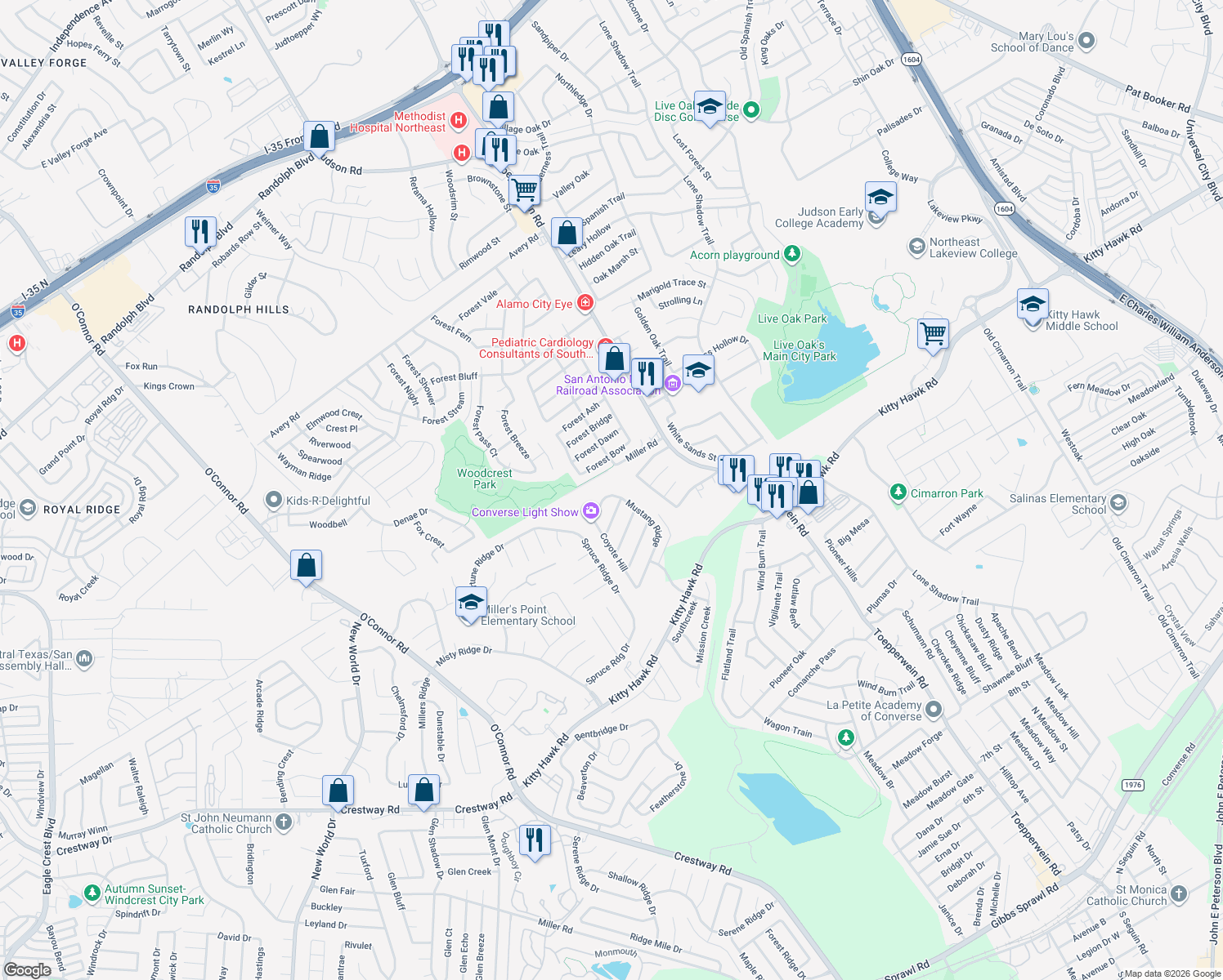 map of restaurants, bars, coffee shops, grocery stores, and more near 10702 Mustang Ridge in Converse