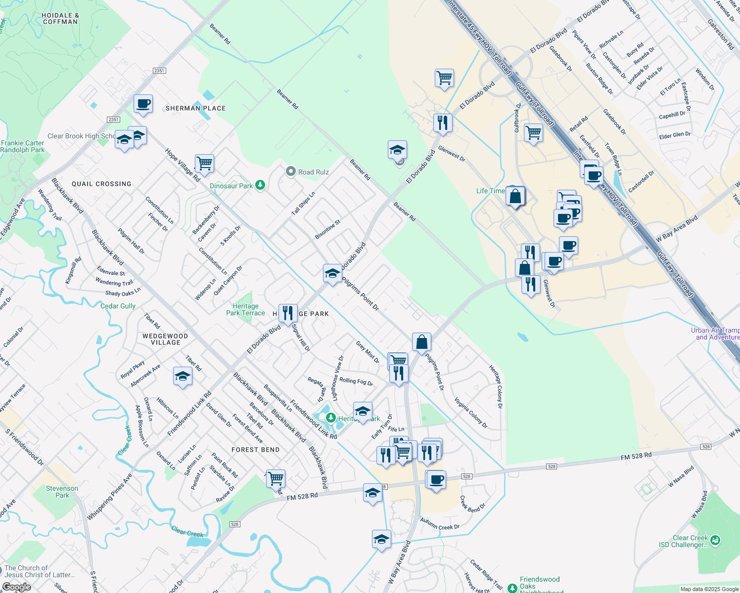 map of restaurants, bars, coffee shops, grocery stores, and more near 2423 Farriers Bend Drive in Friendswood