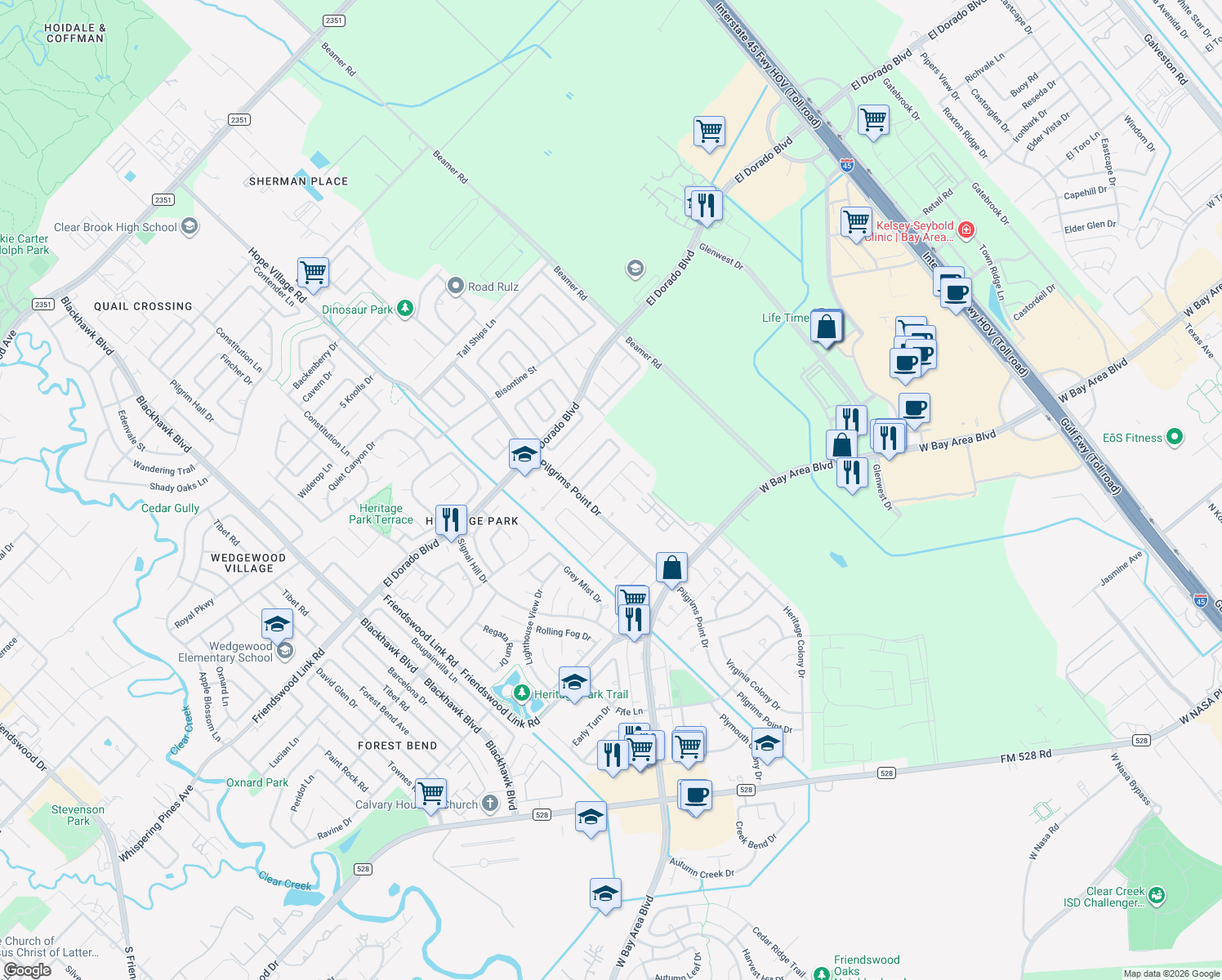 map of restaurants, bars, coffee shops, grocery stores, and more near 2403 Whitman Way Drive in Friendswood