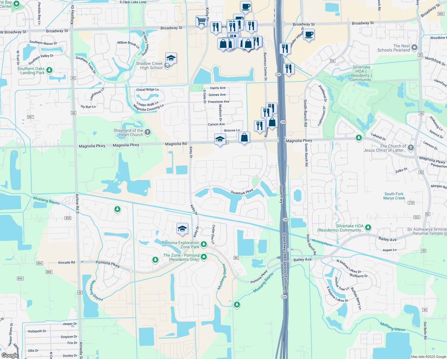 map of restaurants, bars, coffee shops, grocery stores, and more near 3514 Ross Ln in Manvel