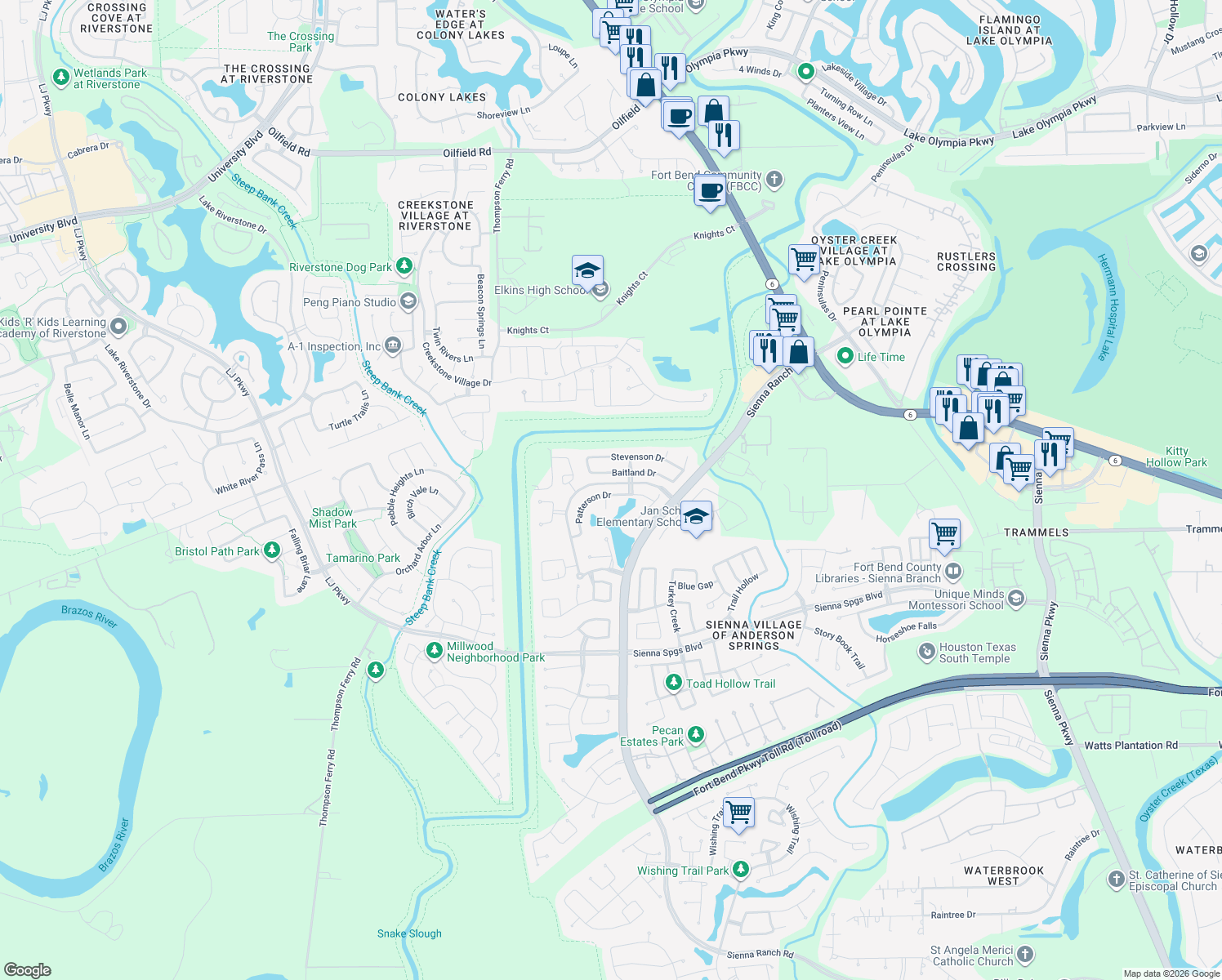 map of restaurants, bars, coffee shops, grocery stores, and more near 7007 Patterson Drive in Missouri City
