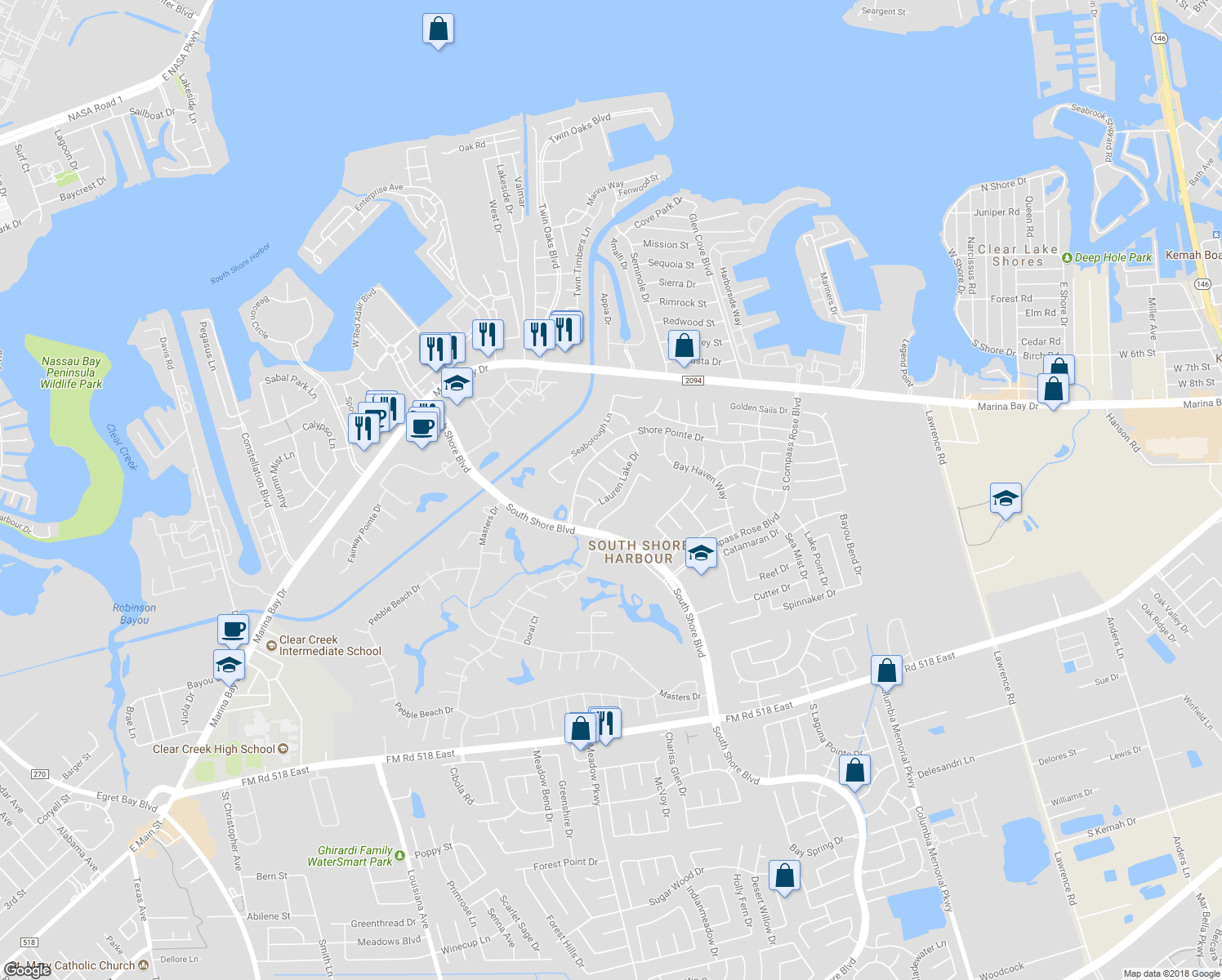 map of restaurants, bars, coffee shops, grocery stores, and more near 2013 Castlewind Court in League City