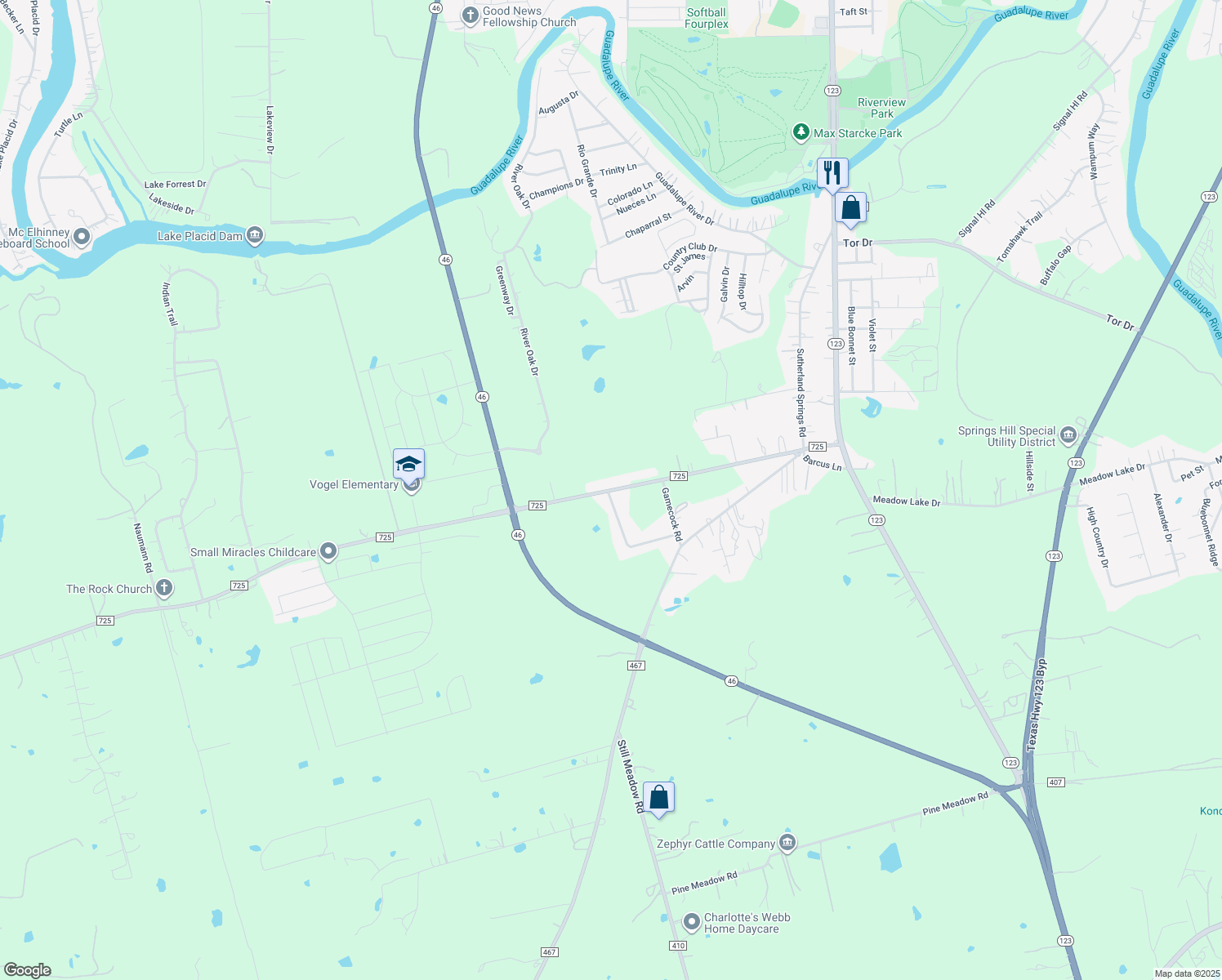 map of restaurants, bars, coffee shops, grocery stores, and more near 16663 Farm to Market Road 725 in Seguin