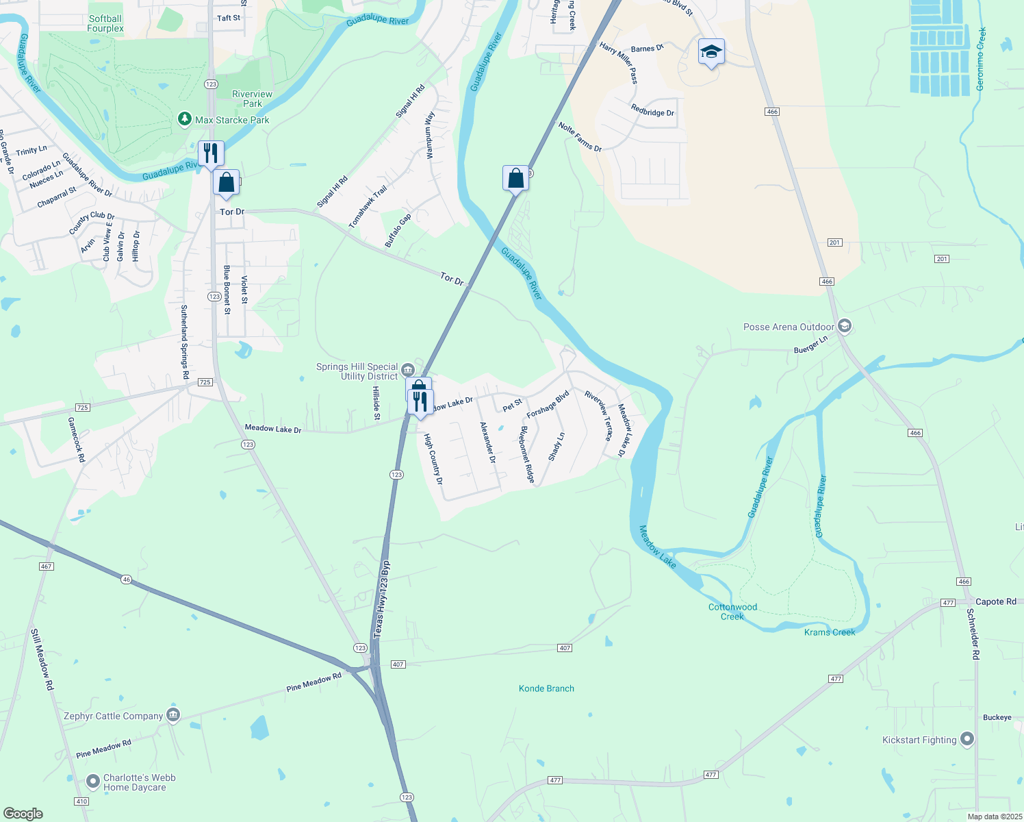 map of restaurants, bars, coffee shops, grocery stores, and more near 215 Pet Street in Seguin