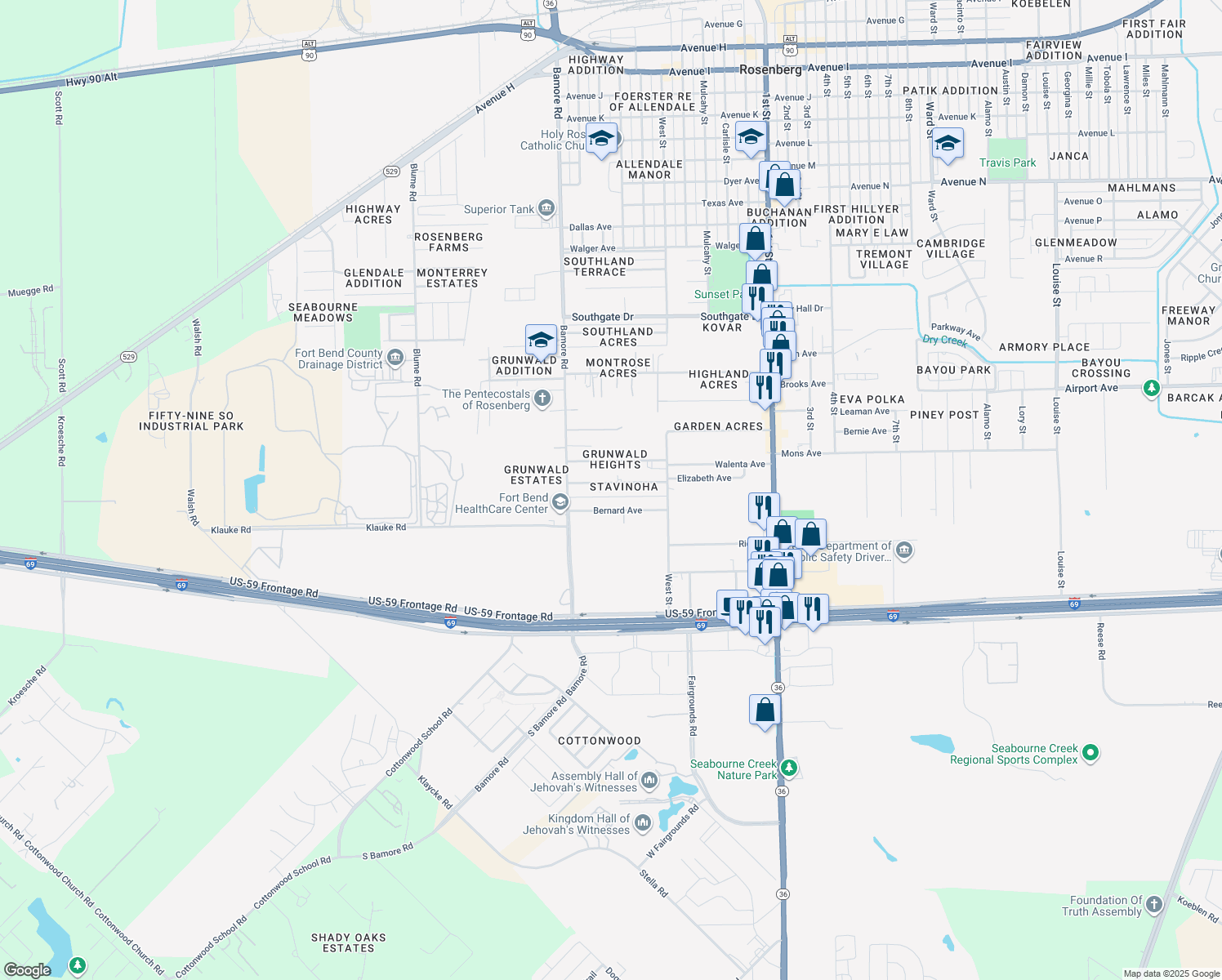 map of restaurants, bars, coffee shops, grocery stores, and more near 1002 Elizabeth Ave in Rosenberg