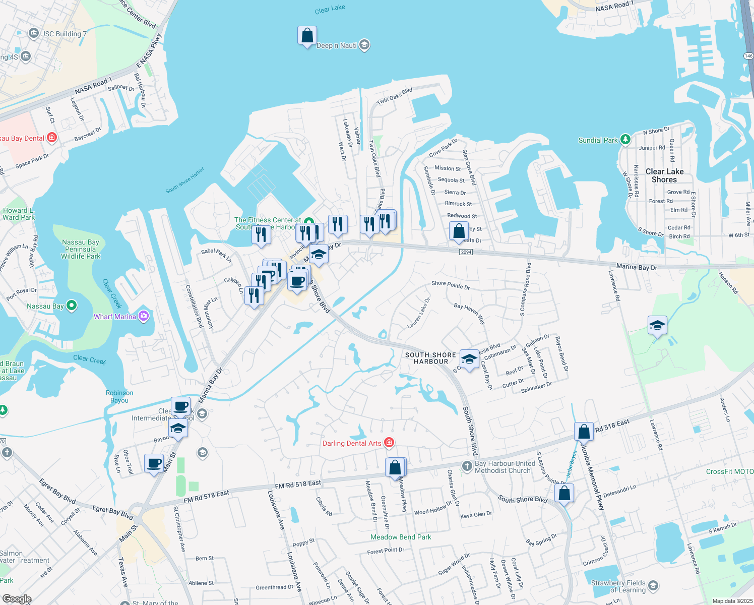 map of restaurants, bars, coffee shops, grocery stores, and more near 406 Seaborough Lane in League City