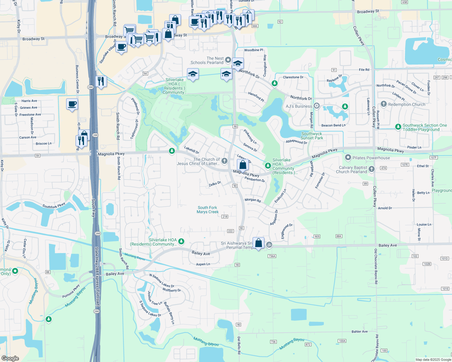 map of restaurants, bars, coffee shops, grocery stores, and more near 3122 Amerson Drive in Pearland