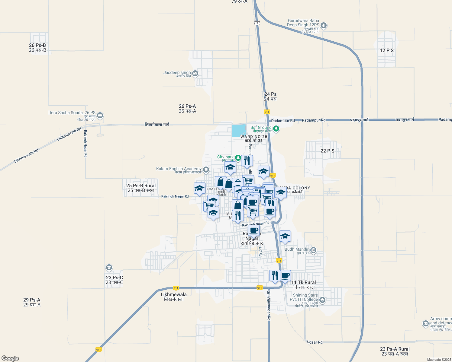 map of restaurants, bars, coffee shops, grocery stores, and more near in Raisingh Nagar