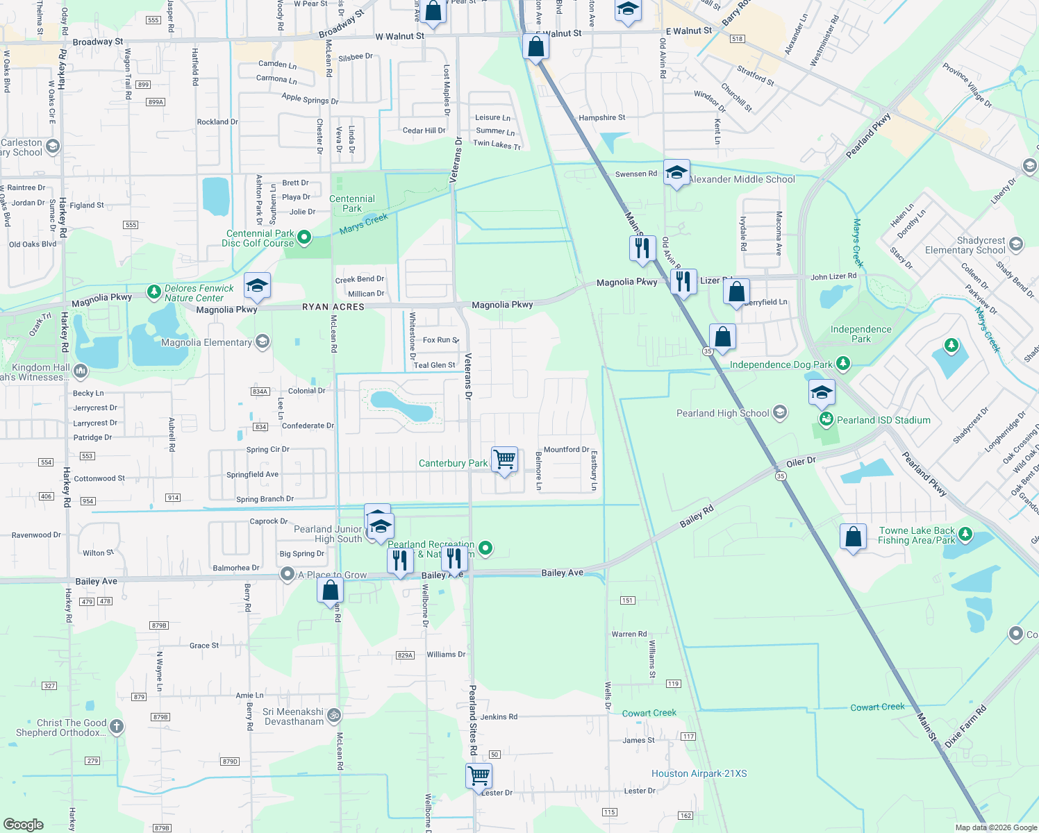 map of restaurants, bars, coffee shops, grocery stores, and more near 3602 Harewood Court in Pearland