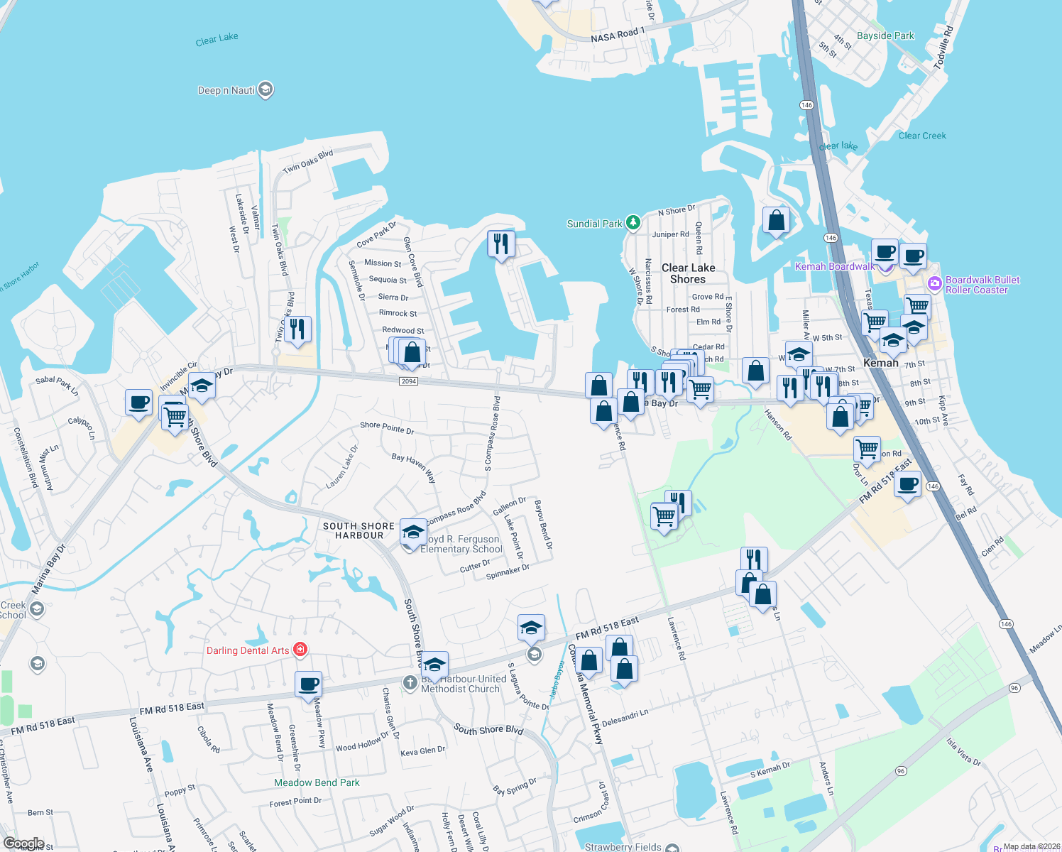 map of restaurants, bars, coffee shops, grocery stores, and more near 224 Sunset Ridge Drive in League City