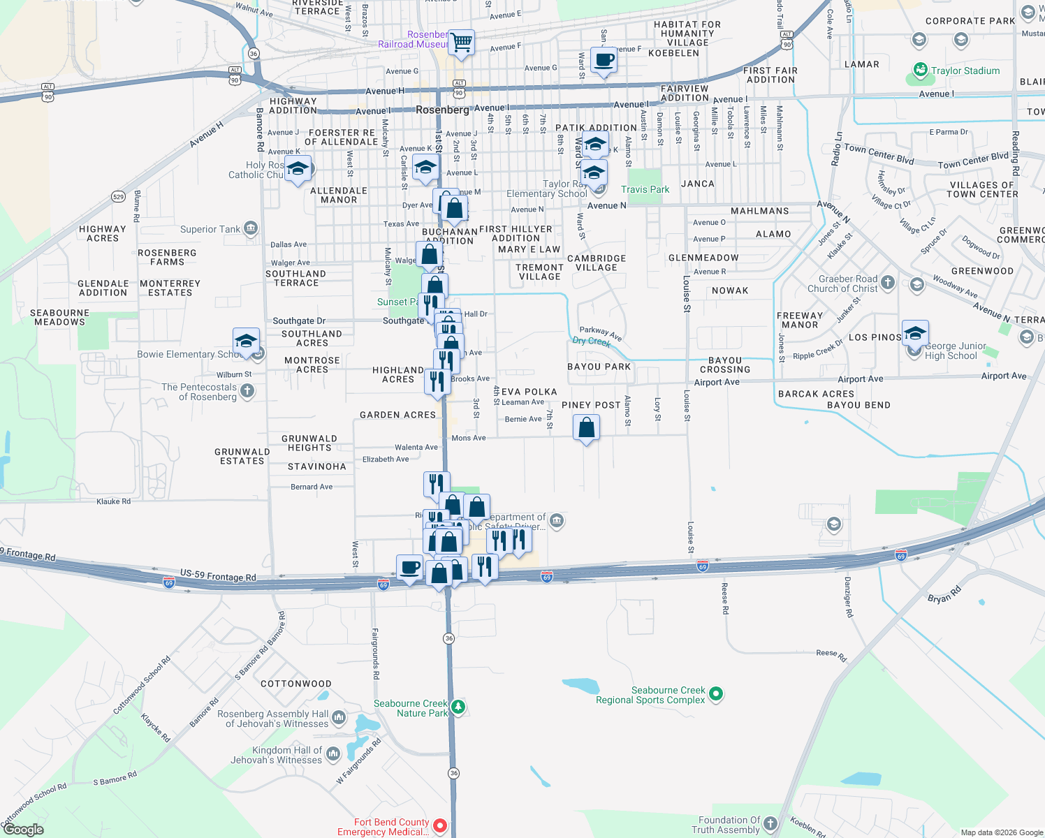 map of restaurants, bars, coffee shops, grocery stores, and more near 2207 Bernie Ave in Rosenberg