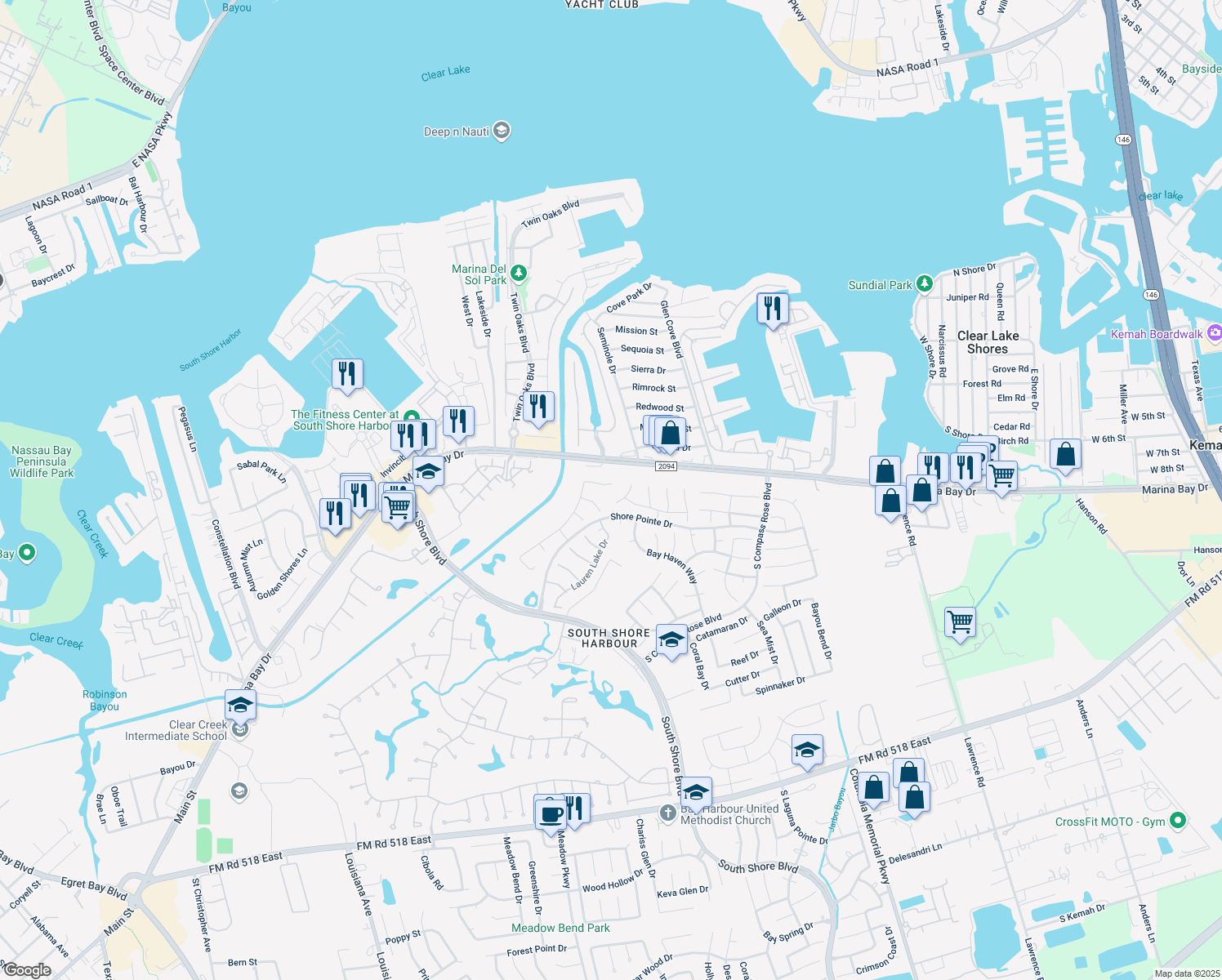 map of restaurants, bars, coffee shops, grocery stores, and more near 2005 Golden Bay Ln in League City