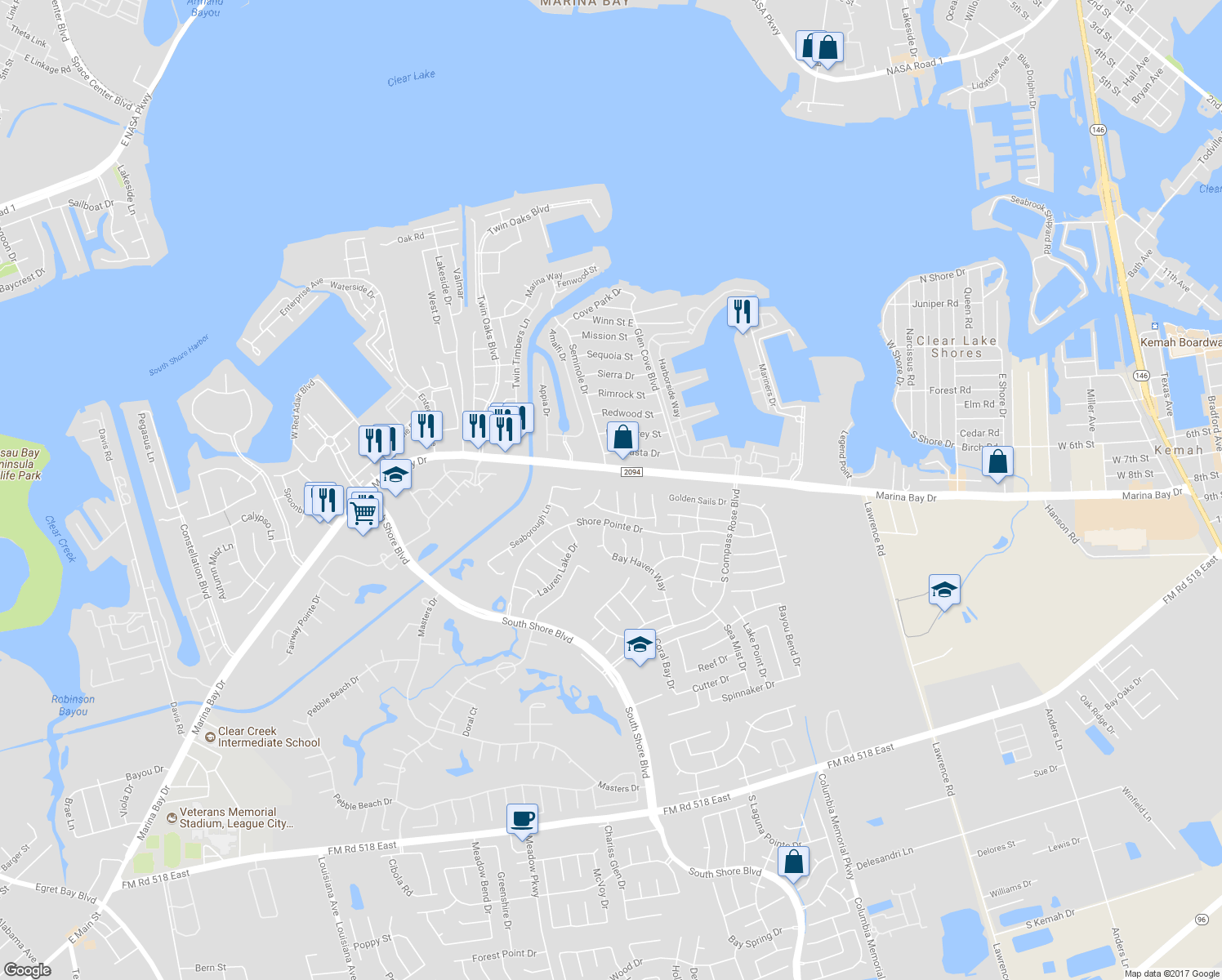 map of restaurants, bars, coffee shops, grocery stores, and more near 2104 Island Villas Drive in League City
