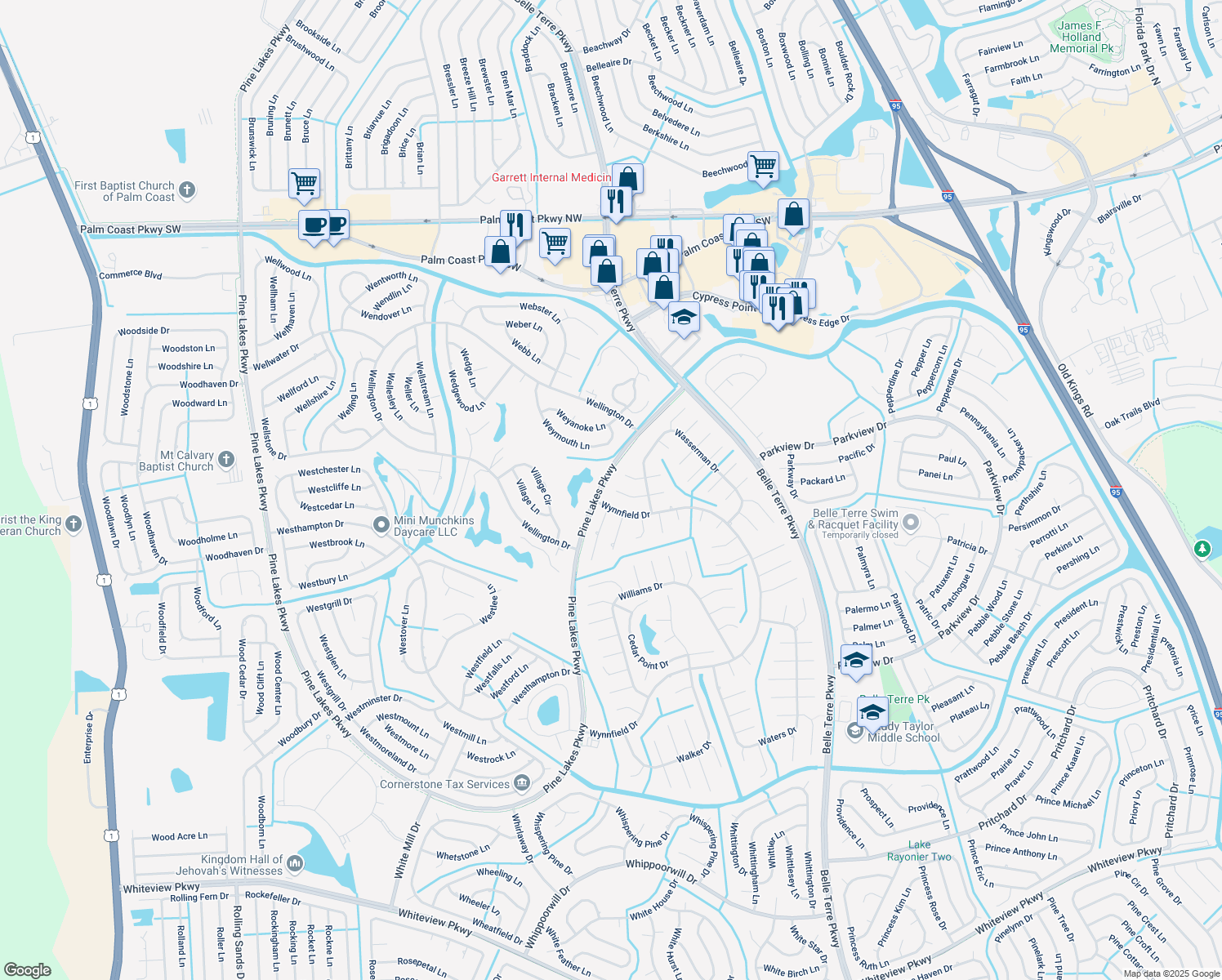 map of restaurants, bars, coffee shops, grocery stores, and more near 17 Wagon Wheel Pl in Palm Coast