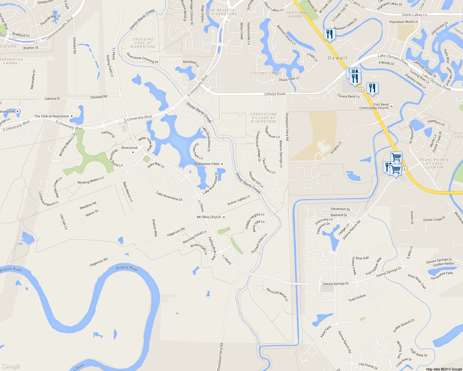 map of restaurants, bars, coffee shops, grocery stores, and more near 5707 Bahama Cove Court in Sugar Land