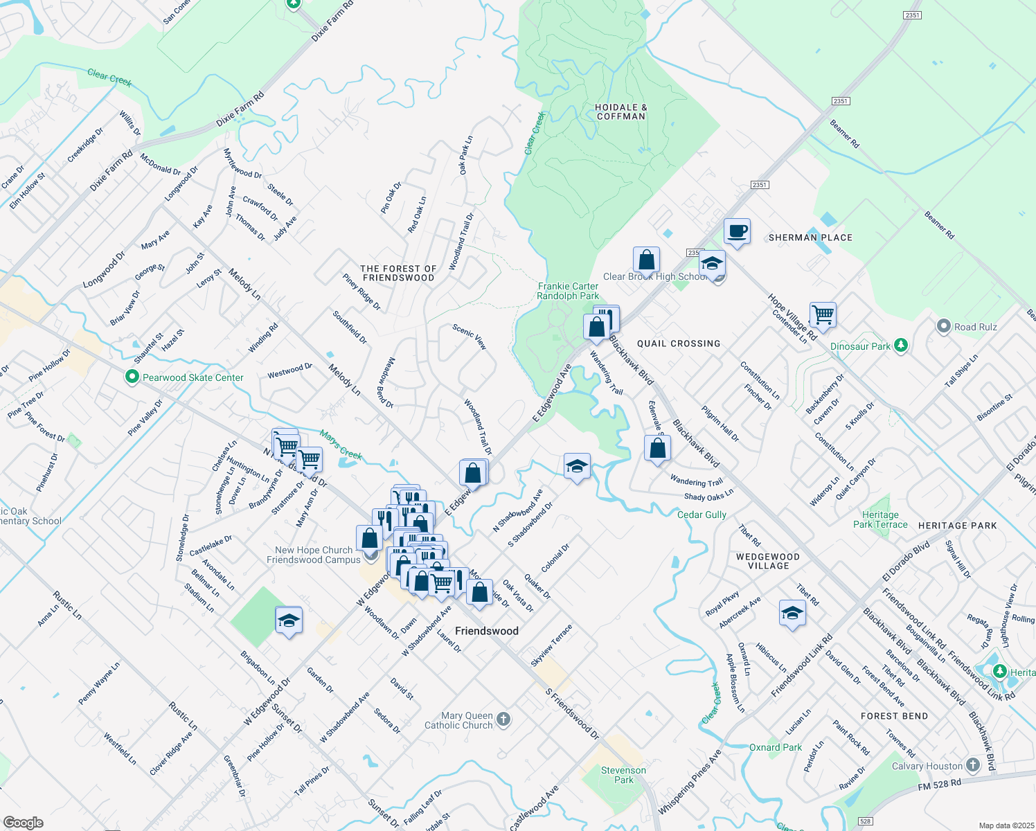 map of restaurants, bars, coffee shops, grocery stores, and more near 108 Cherry Tree Lane in Friendswood