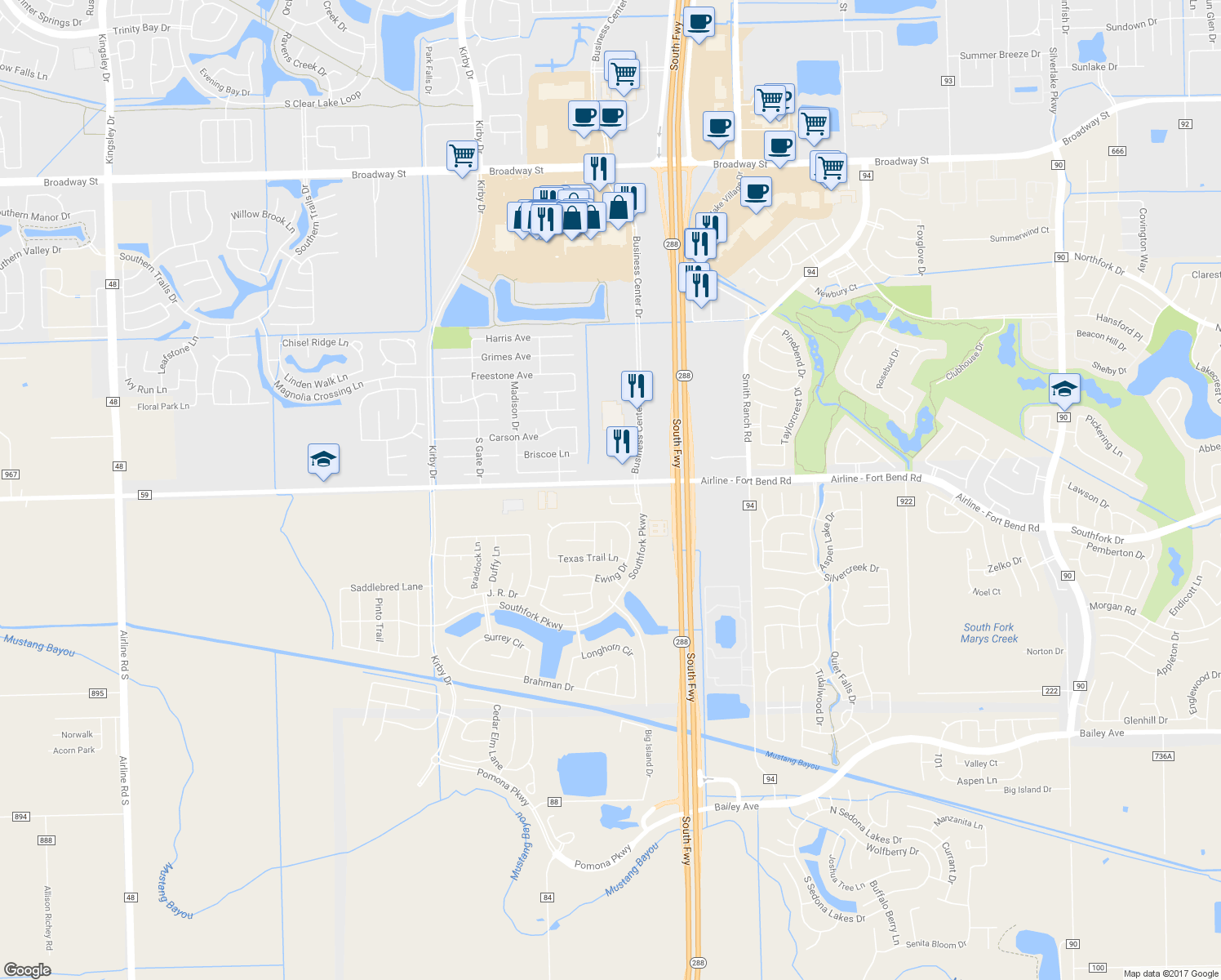 map of restaurants, bars, coffee shops, grocery stores, and more near 3146 South Royce Circle in Manvel
