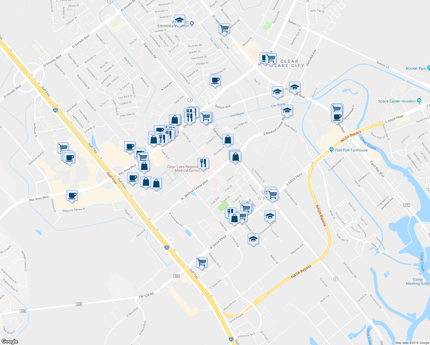 map of restaurants, bars, coffee shops, grocery stores, and more near 452 Medical Center Boulevard in Webster