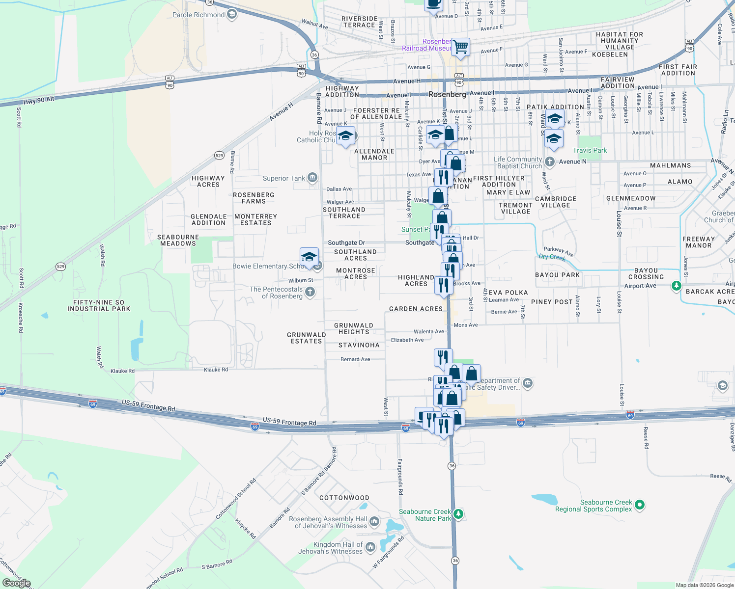 map of restaurants, bars, coffee shops, grocery stores, and more near 1126 Brooks Avenue in Rosenberg