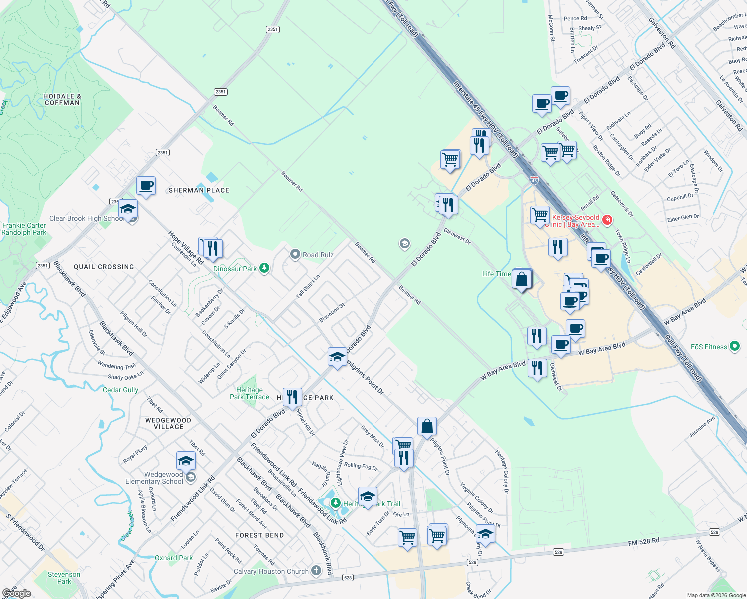 map of restaurants, bars, coffee shops, grocery stores, and more near 16811 Barkentine Ln in Friendswood