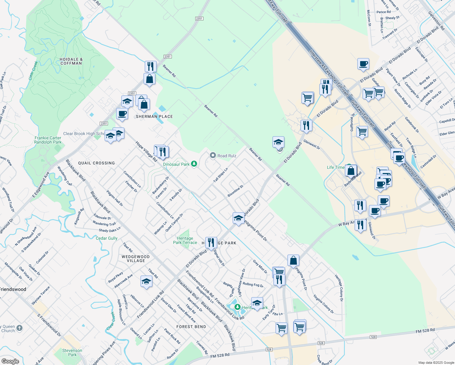 map of restaurants, bars, coffee shops, grocery stores, and more near 16718 Selder Drive in Friendswood