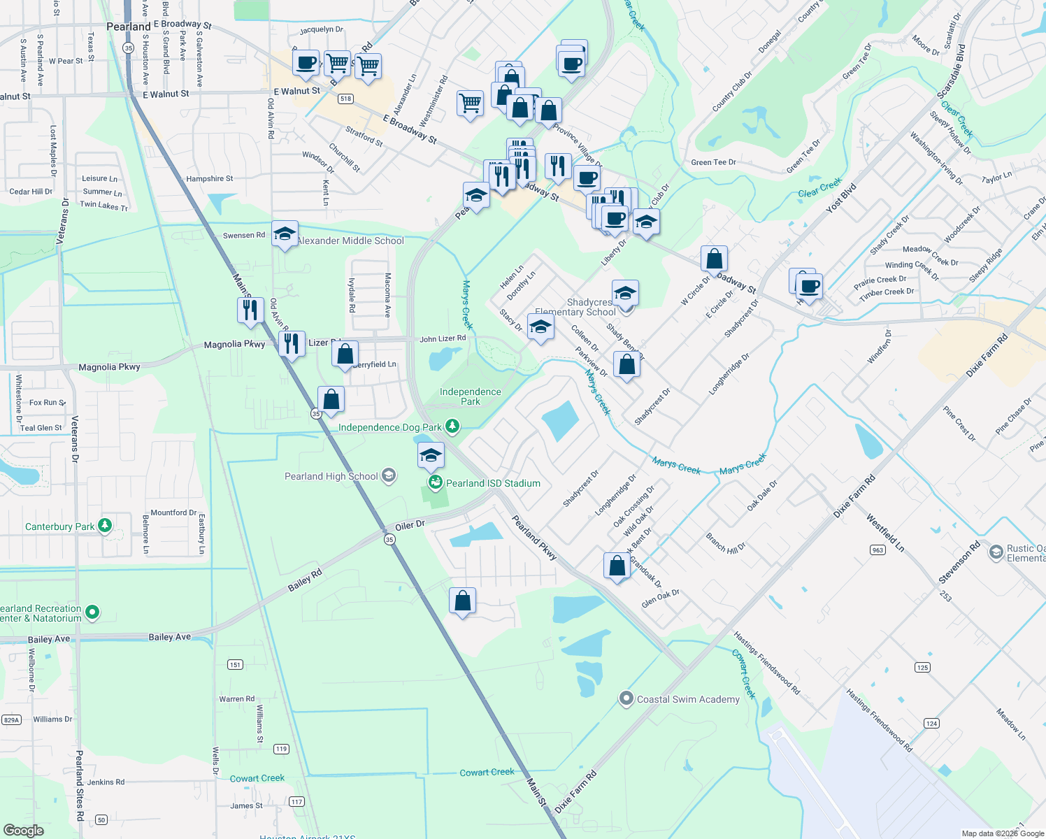 map of restaurants, bars, coffee shops, grocery stores, and more near 2954 Auburn Woods Dr in Pearland