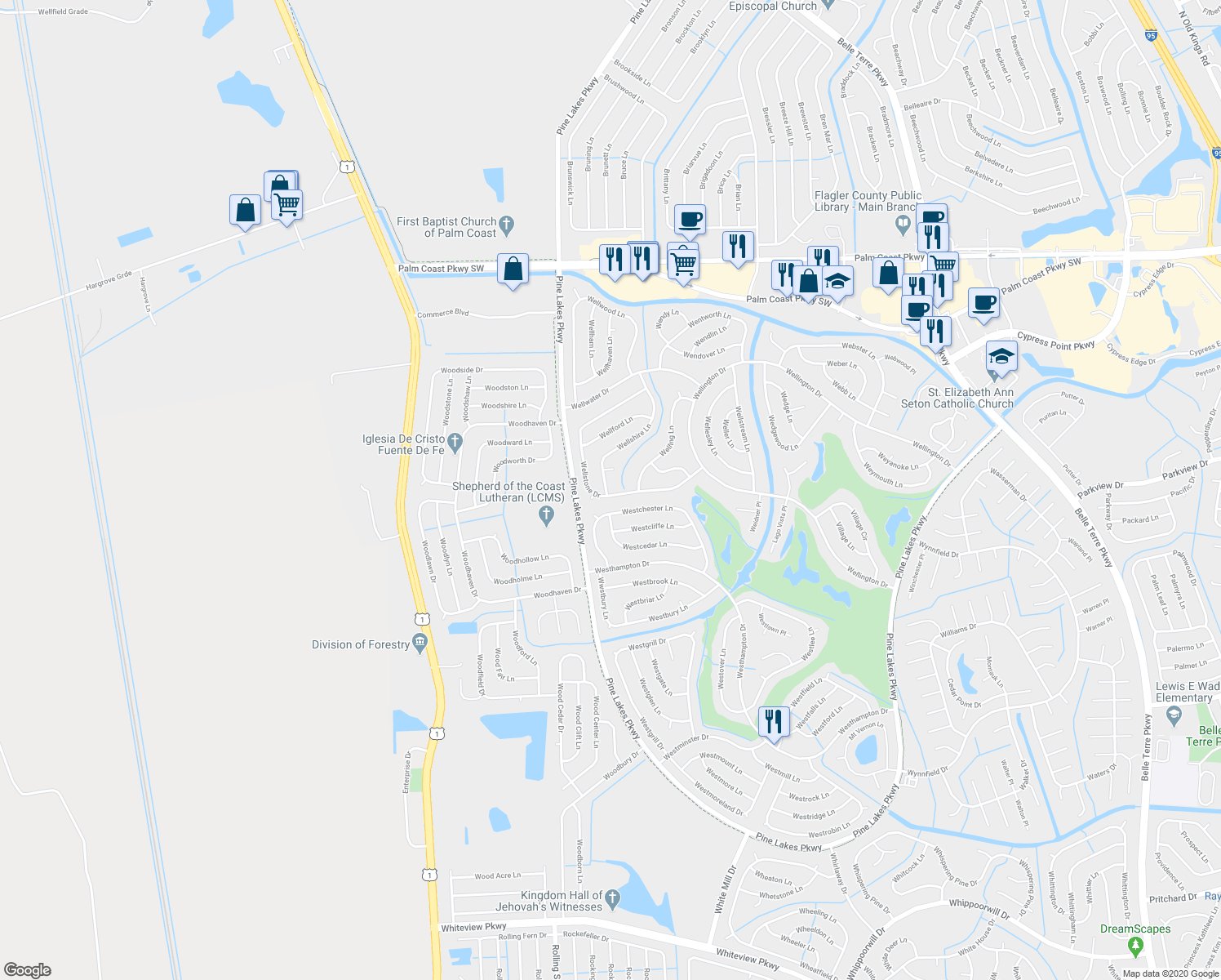 map of restaurants, bars, coffee shops, grocery stores, and more near 111 Wellstone Drive in Palm Coast
