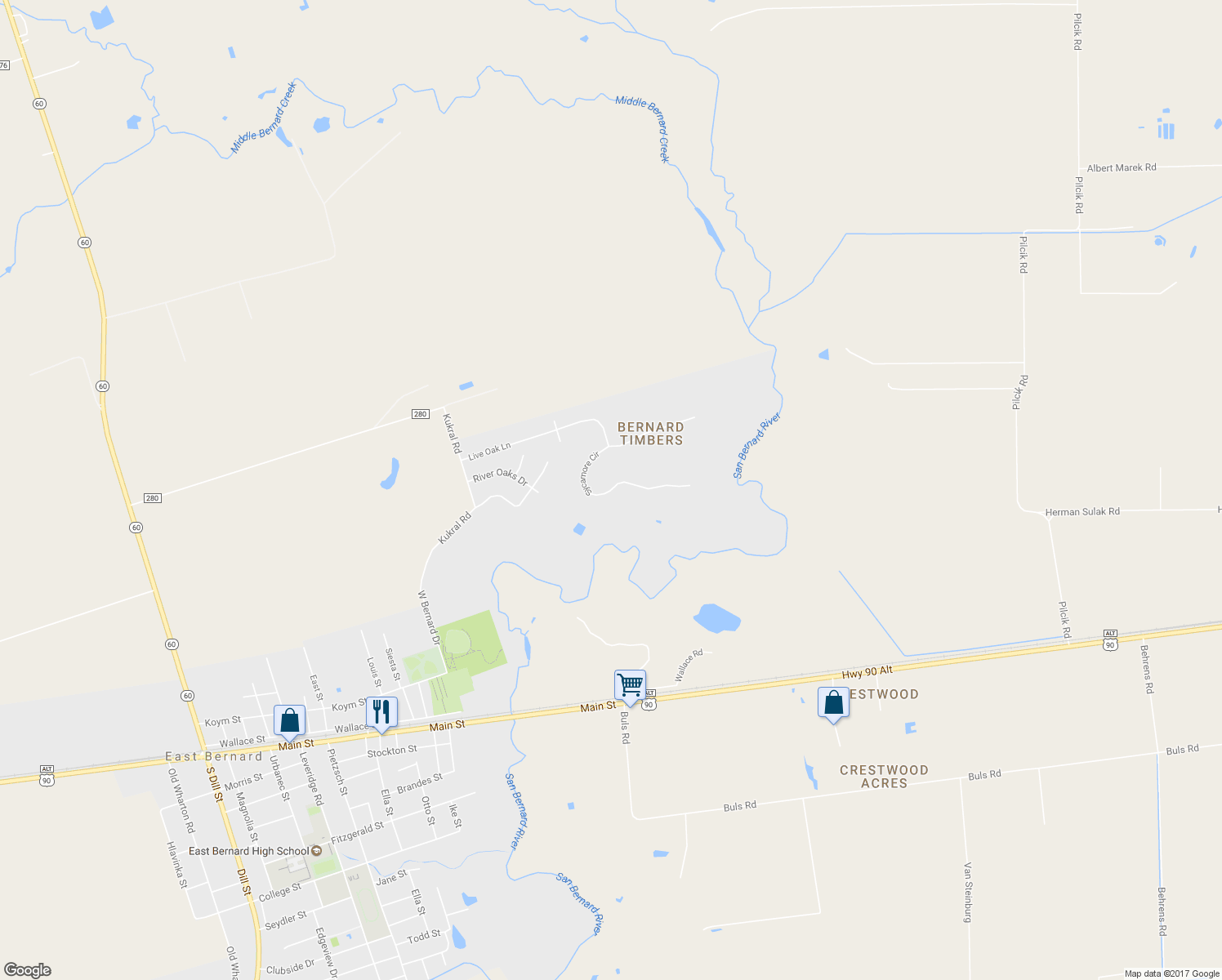 map of restaurants, bars, coffee shops, grocery stores, and more near 14523 Sycamore Circle in East Bernard