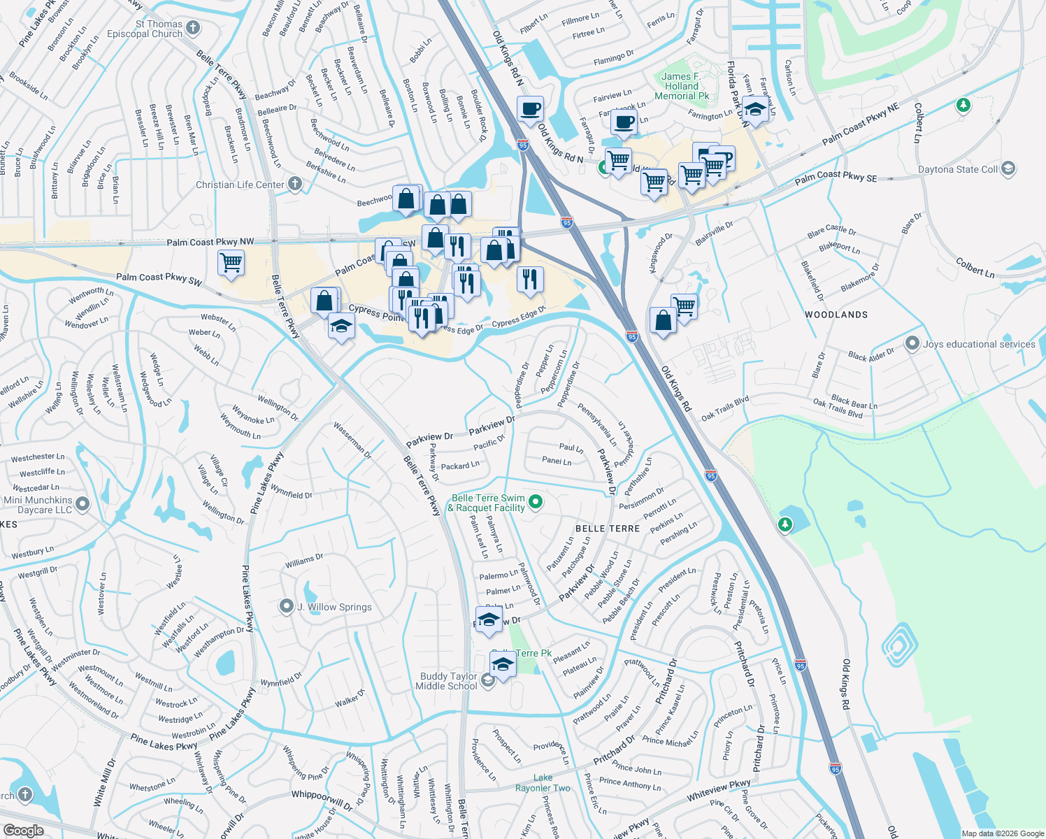 map of restaurants, bars, coffee shops, grocery stores, and more near 96 Parkview Drive in Palm Coast