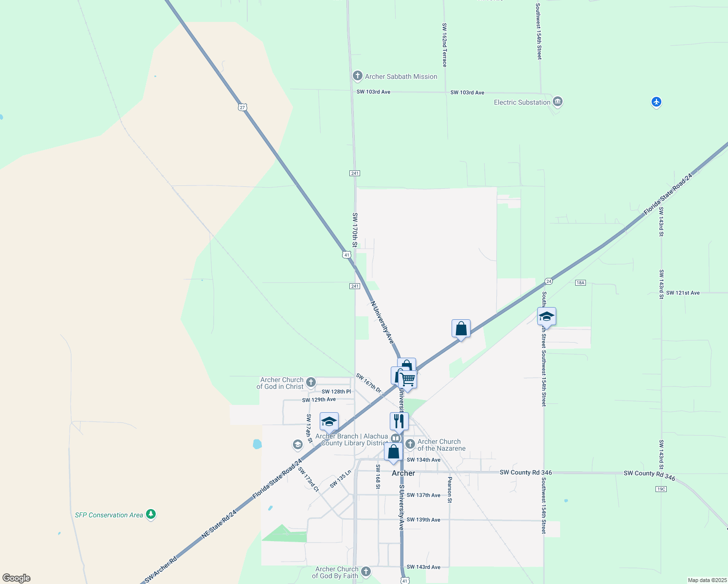 map of restaurants, bars, coffee shops, grocery stores, and more near 11954 Florida 45 in Archer