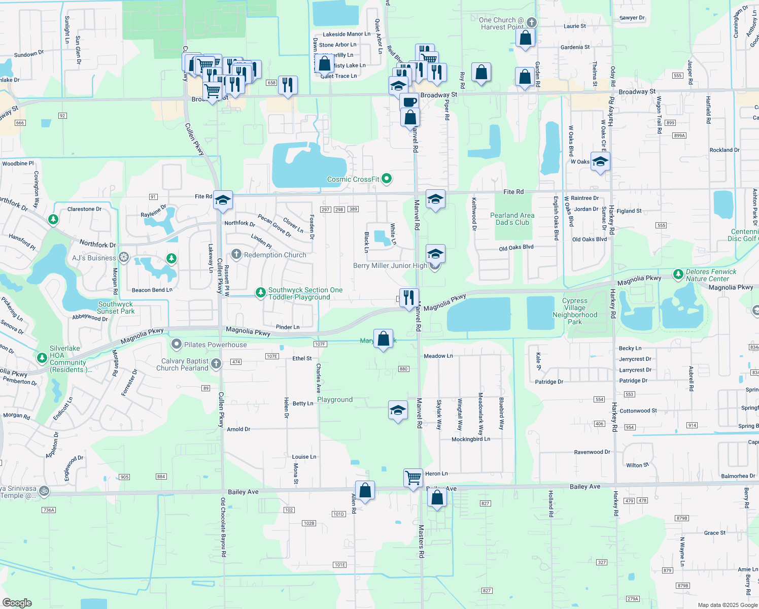 map of restaurants, bars, coffee shops, grocery stores, and more near 5114 Blue Sage Drive in Pearland