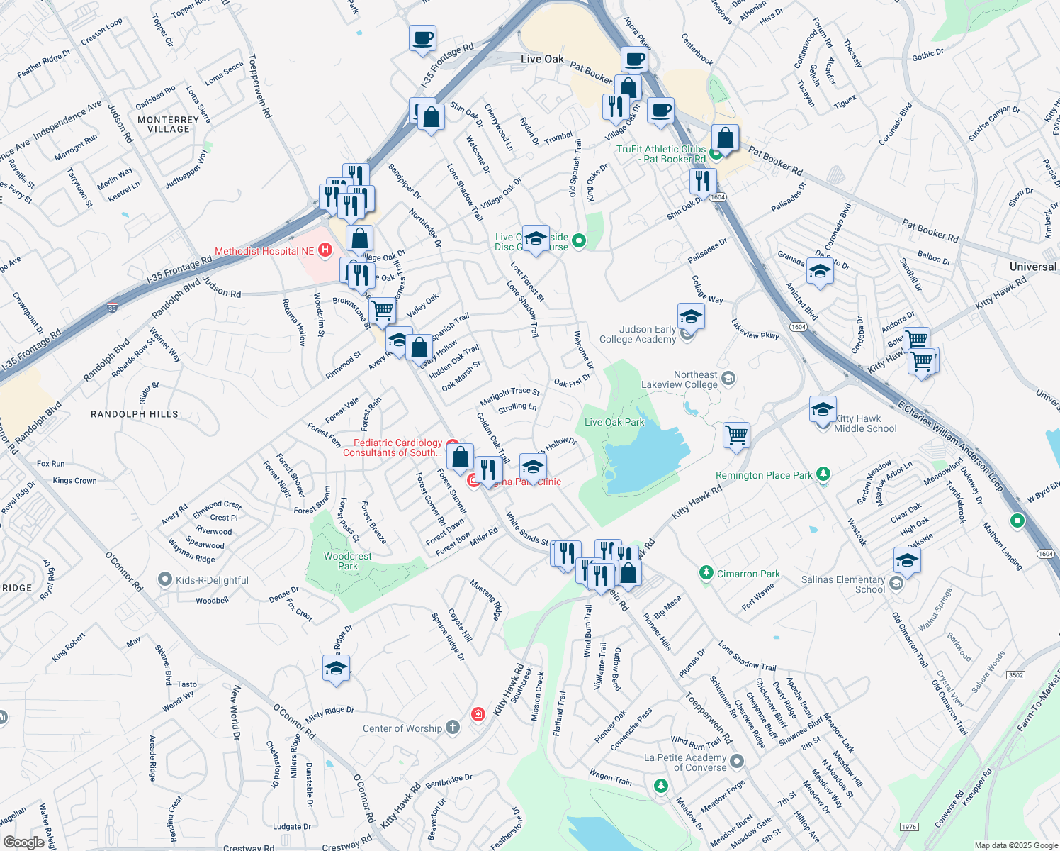 map of restaurants, bars, coffee shops, grocery stores, and more near 11509 Lone Shadow Trail in Live Oak