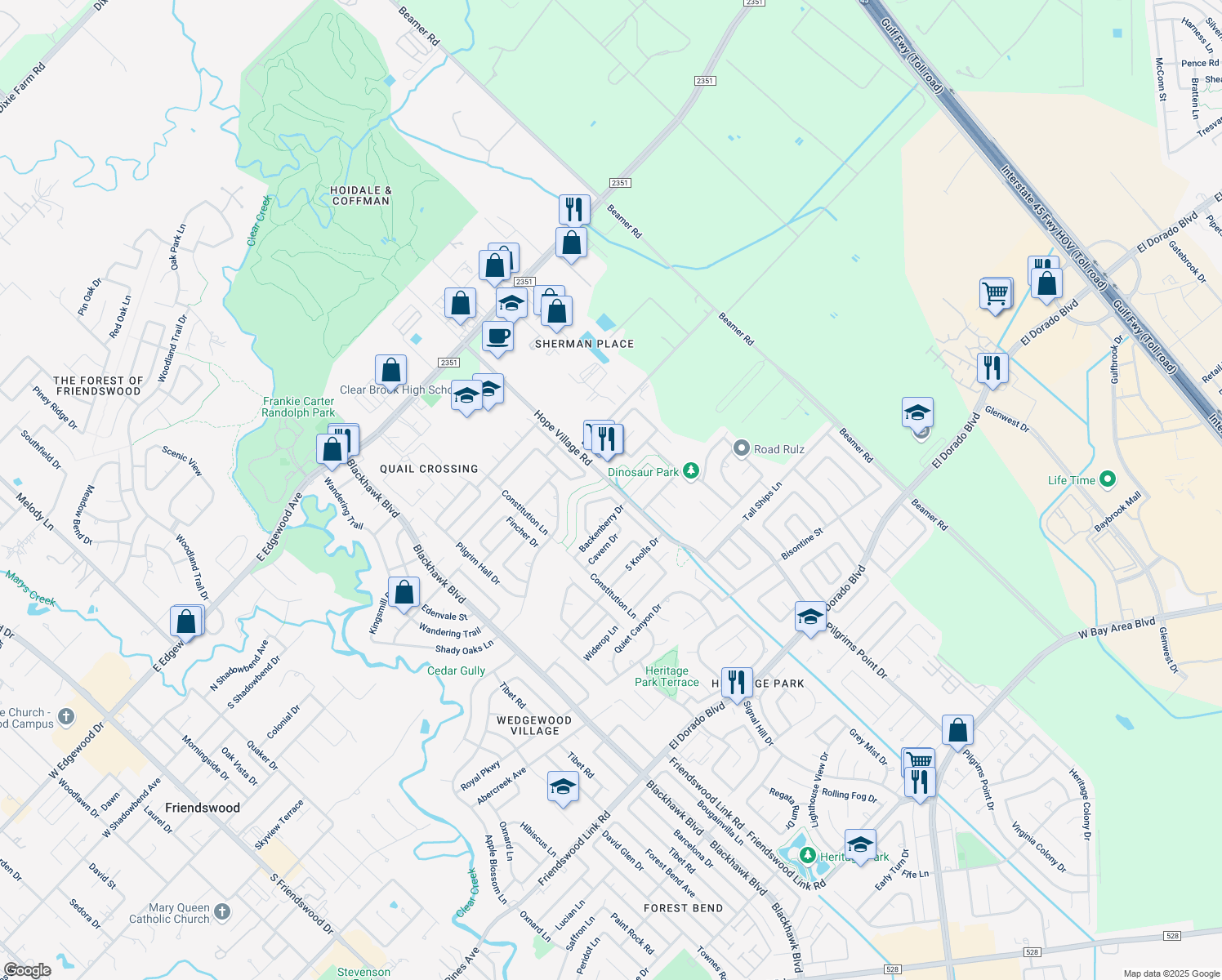 map of restaurants, bars, coffee shops, grocery stores, and more near 4602 Stonemede Drive in Friendswood