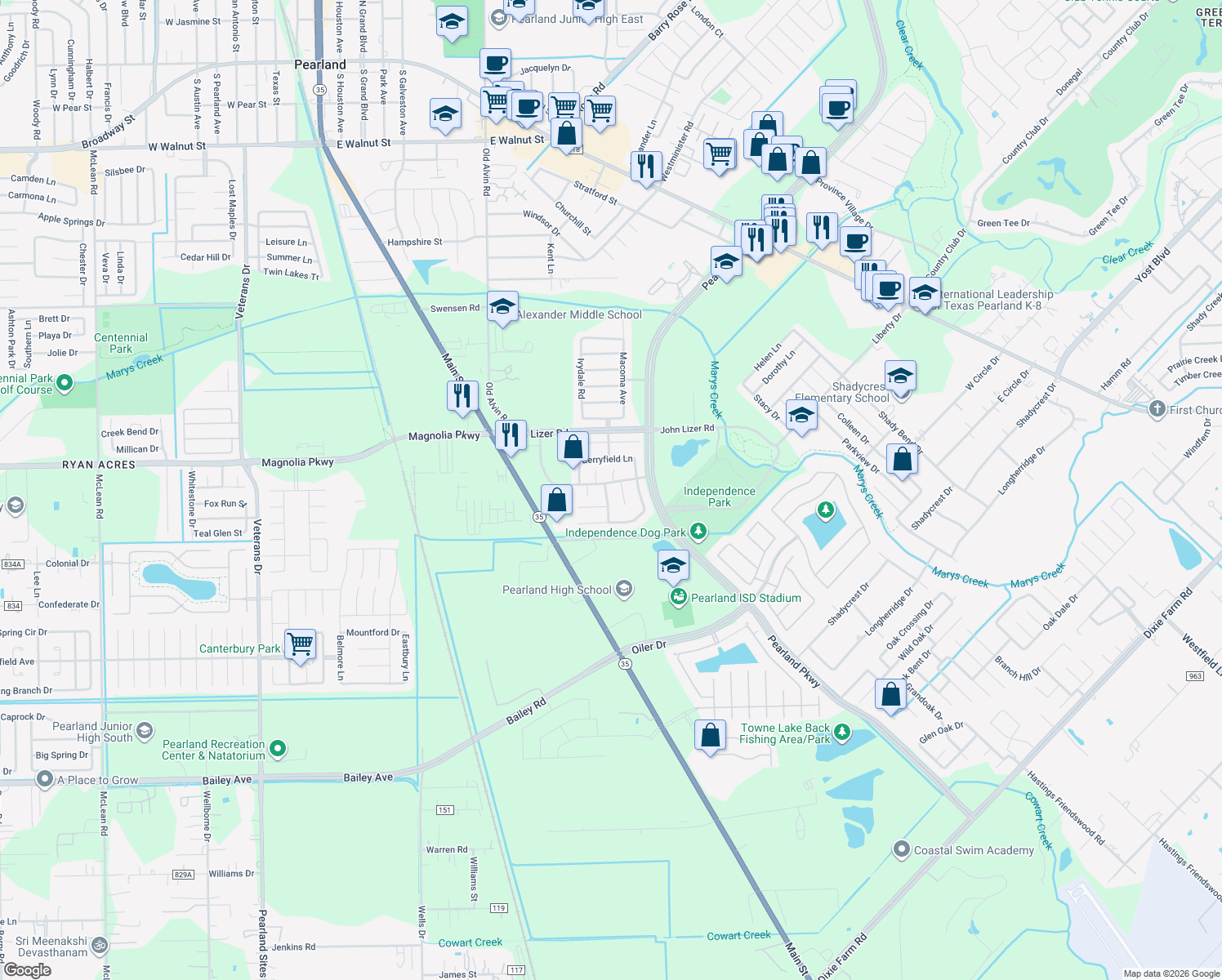 map of restaurants, bars, coffee shops, grocery stores, and more near 3403 Wheatmeadow Lane in Pearland