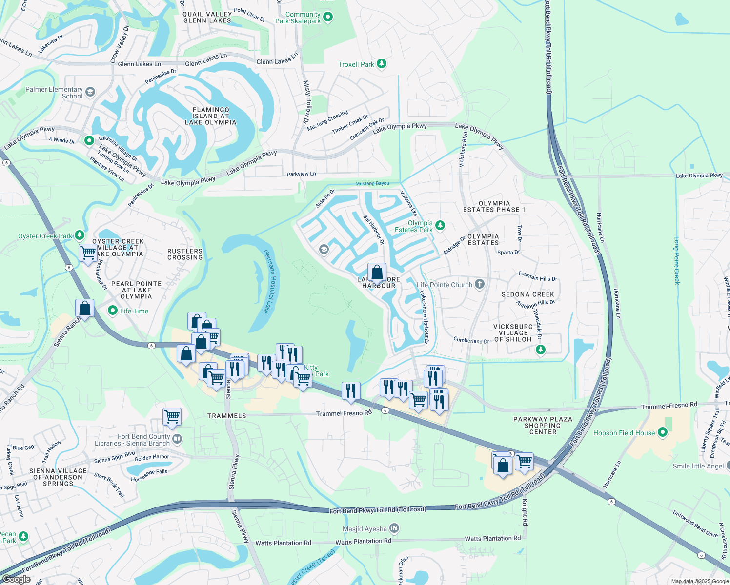 map of restaurants, bars, coffee shops, grocery stores, and more near 2722 Palm Harbour Dr in Missouri City