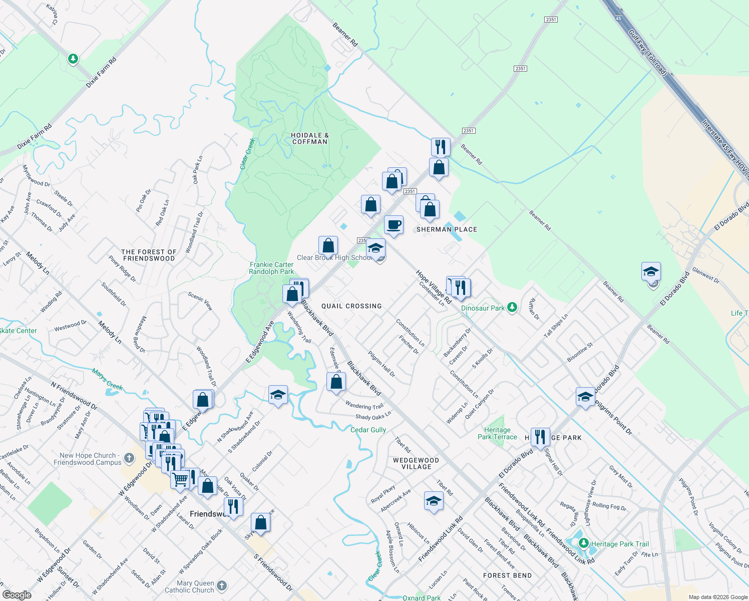 map of restaurants, bars, coffee shops, grocery stores, and more near 15502 Constitution Ln in Friendswood