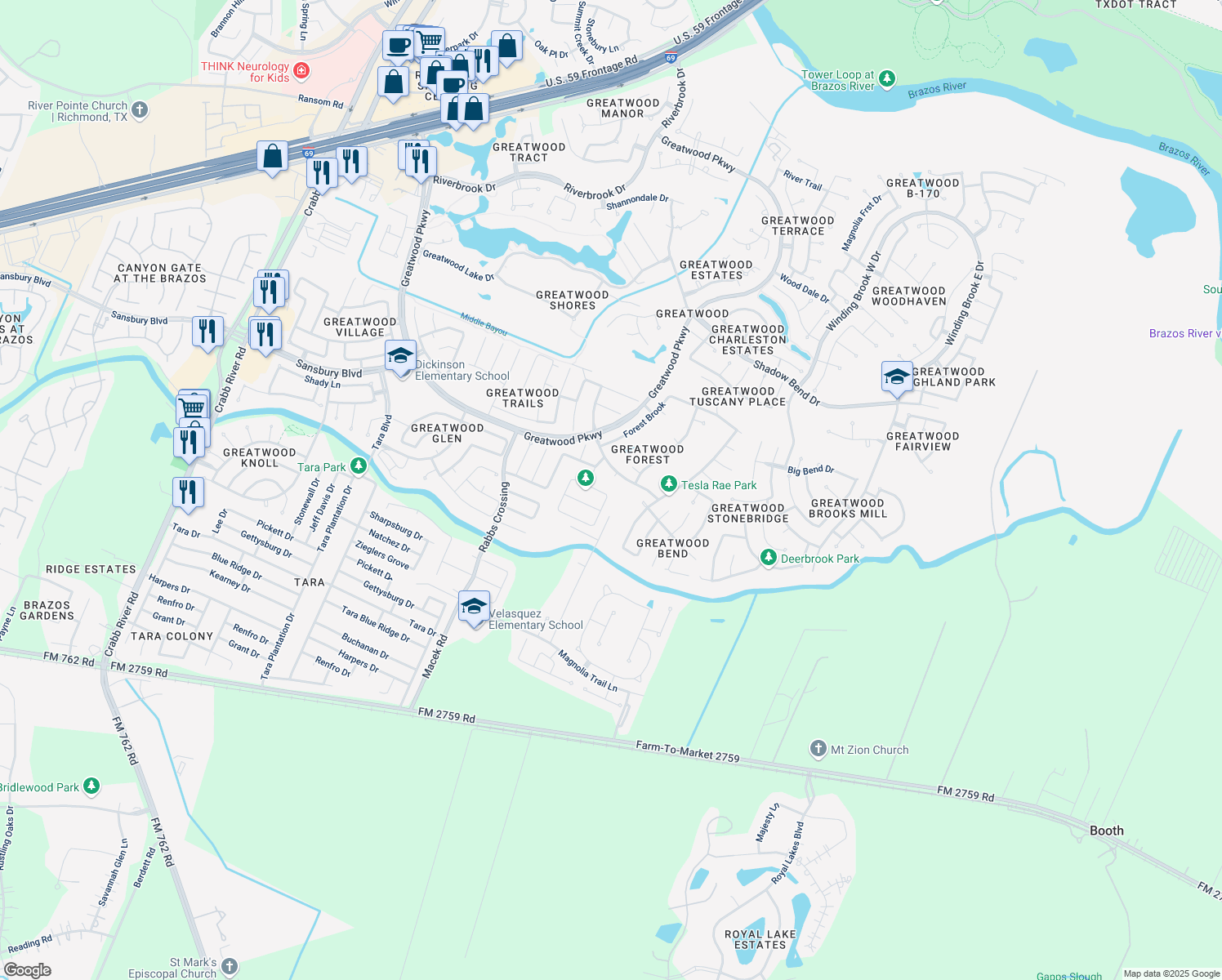 map of restaurants, bars, coffee shops, grocery stores, and more near 7739 Great Pecan Lane in Sugar Land